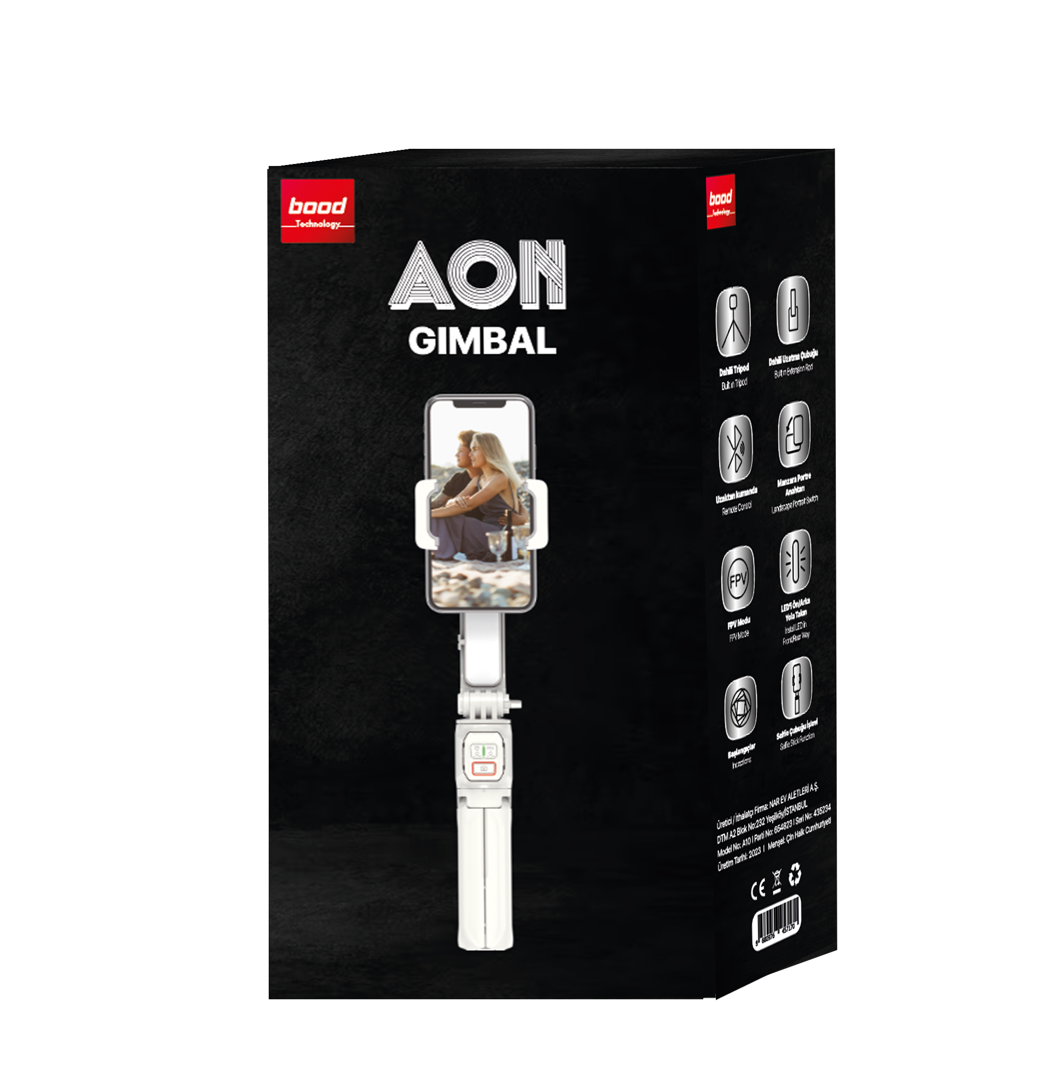 Bir gimbal kutusu. Bir çiftin, gimbal tarafından tutulan bir telefonla fotoğraf çektiğini gösterir.