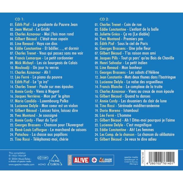 Eine CD-Hülle mit Titellisten auf Französisch. Der Text enthält Logos "Alive" und "Music Tales".