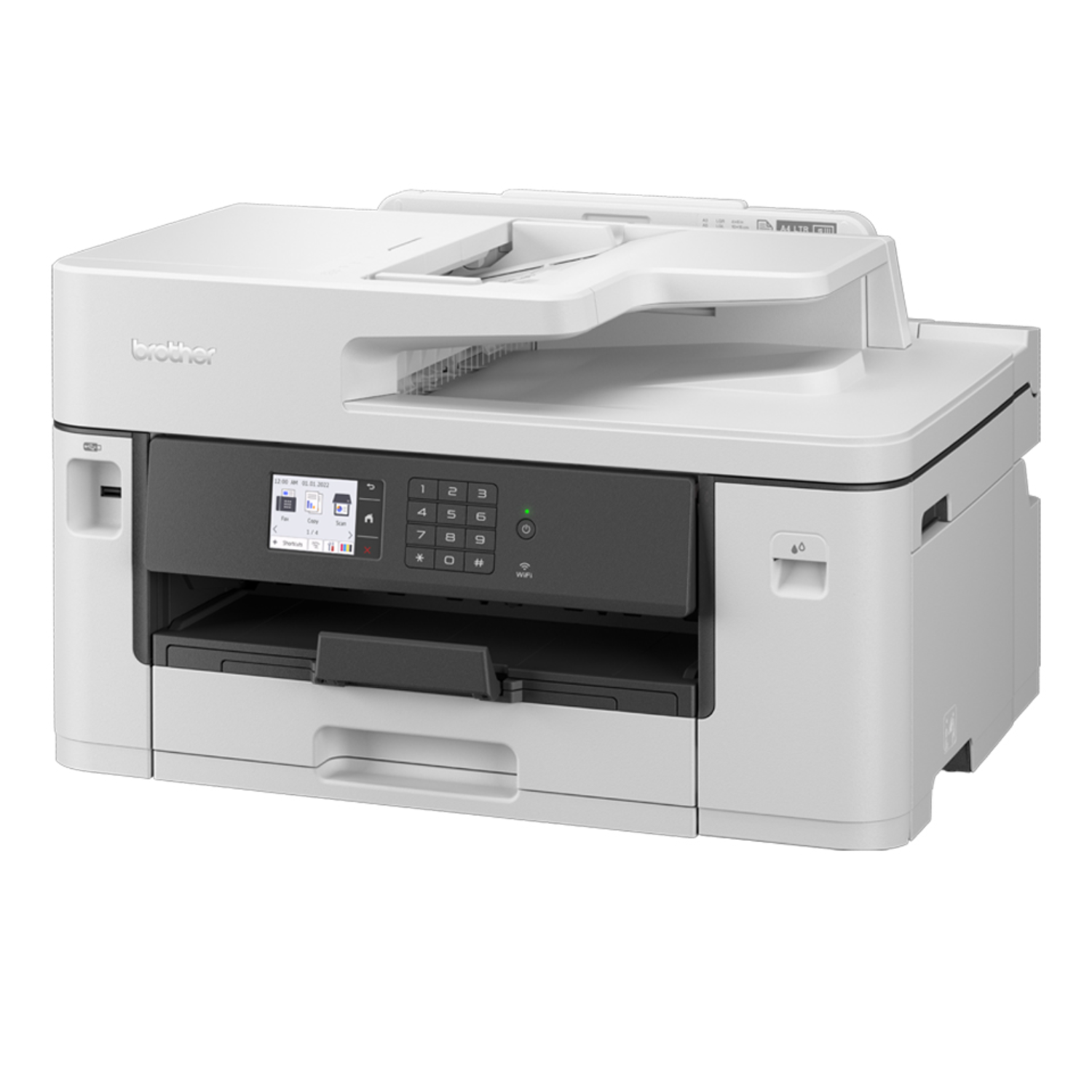 White Brother printer with a digital screen, number pad, and paper tray.