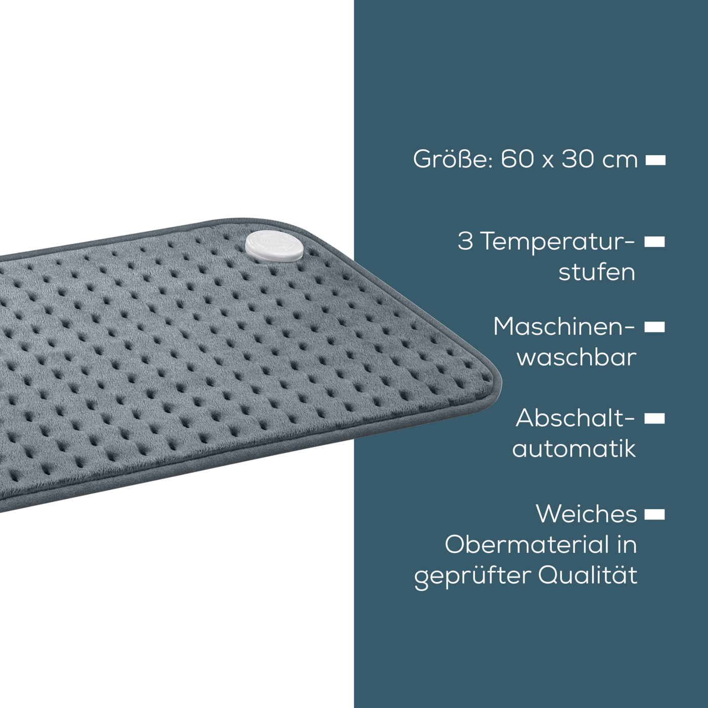 Un termoforo grigio con controllo bianco, su sfondo blu. Il testo indica dimensioni, impostazioni temperatura, lavabilità e spegnimento automatico.