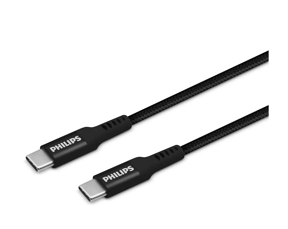 Konnektörlerde Philips logosu bulunan siyah bir USB-C şarj kablosu.