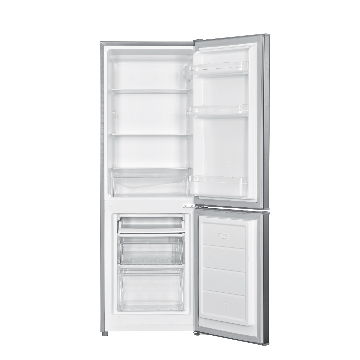 A refrigerator with doors open, showing shelves and drawers. The interior is mostly empty.