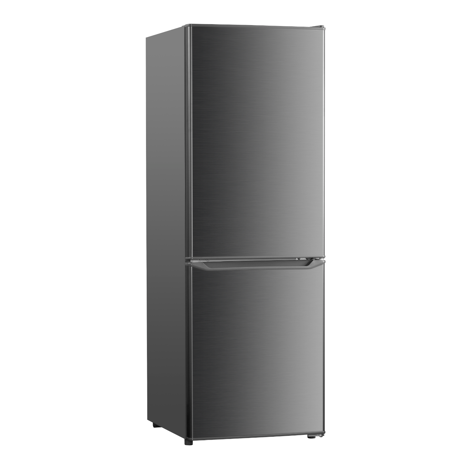 A gray refrigerator. The fridge has two doors. The background is a solid white.
