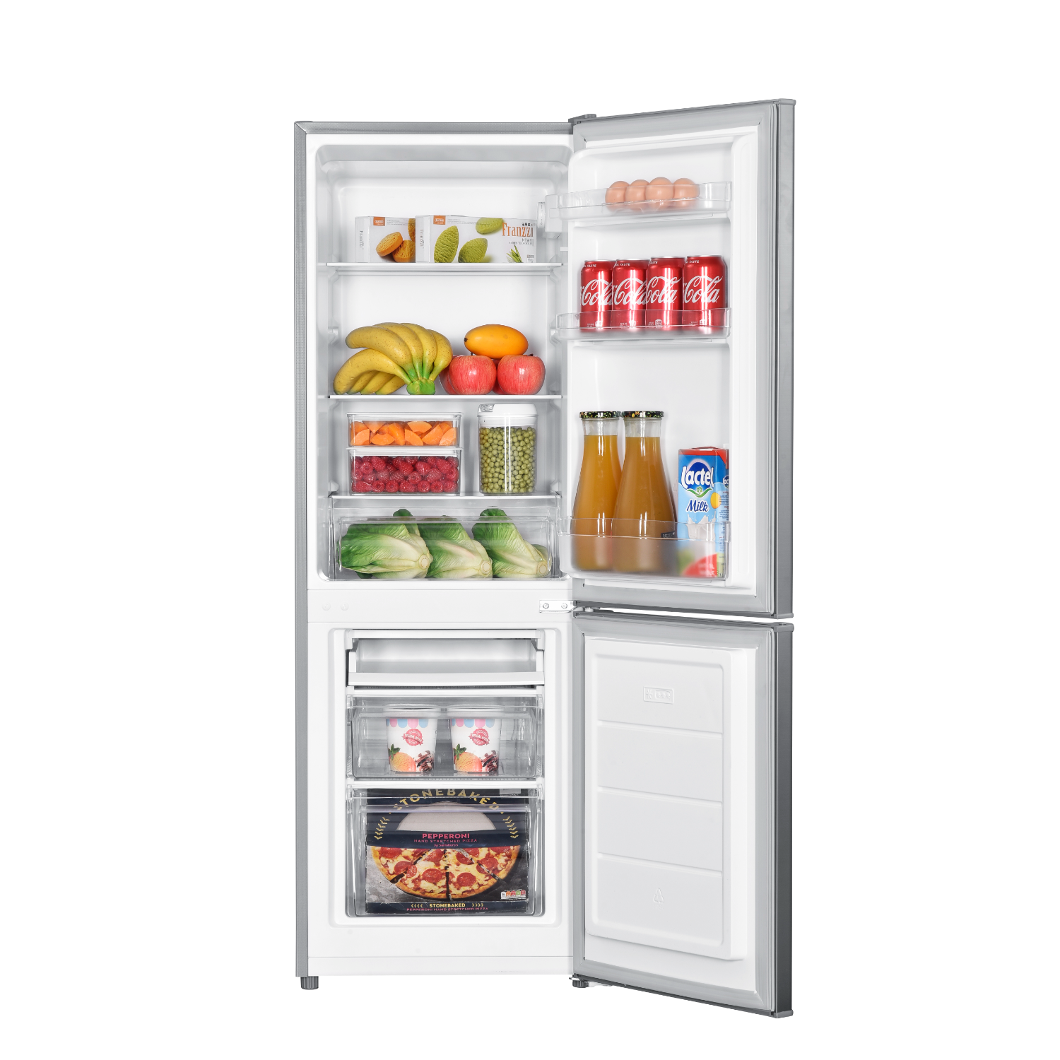 Refrigerator, open, showing shelves with food items. Includes fruit, drinks, and frozen food.