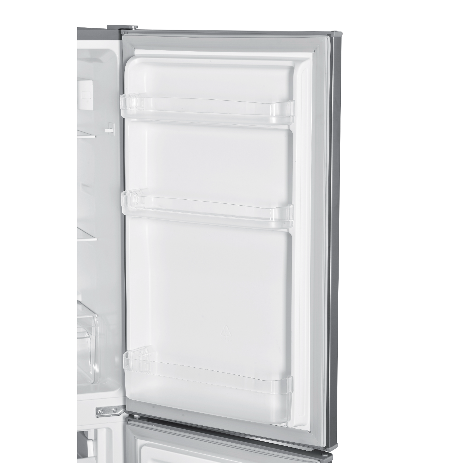 Open refrigerator with shelves. Silver frame, white interior, black background.