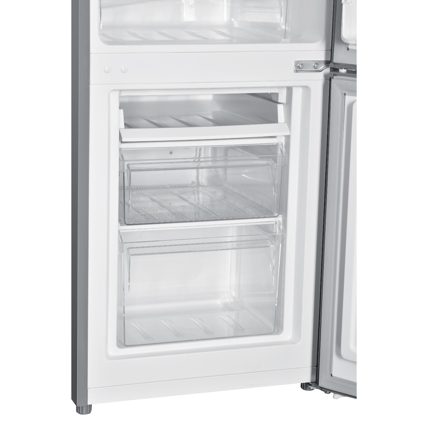Refrigerator interior with shelves and drawers.
