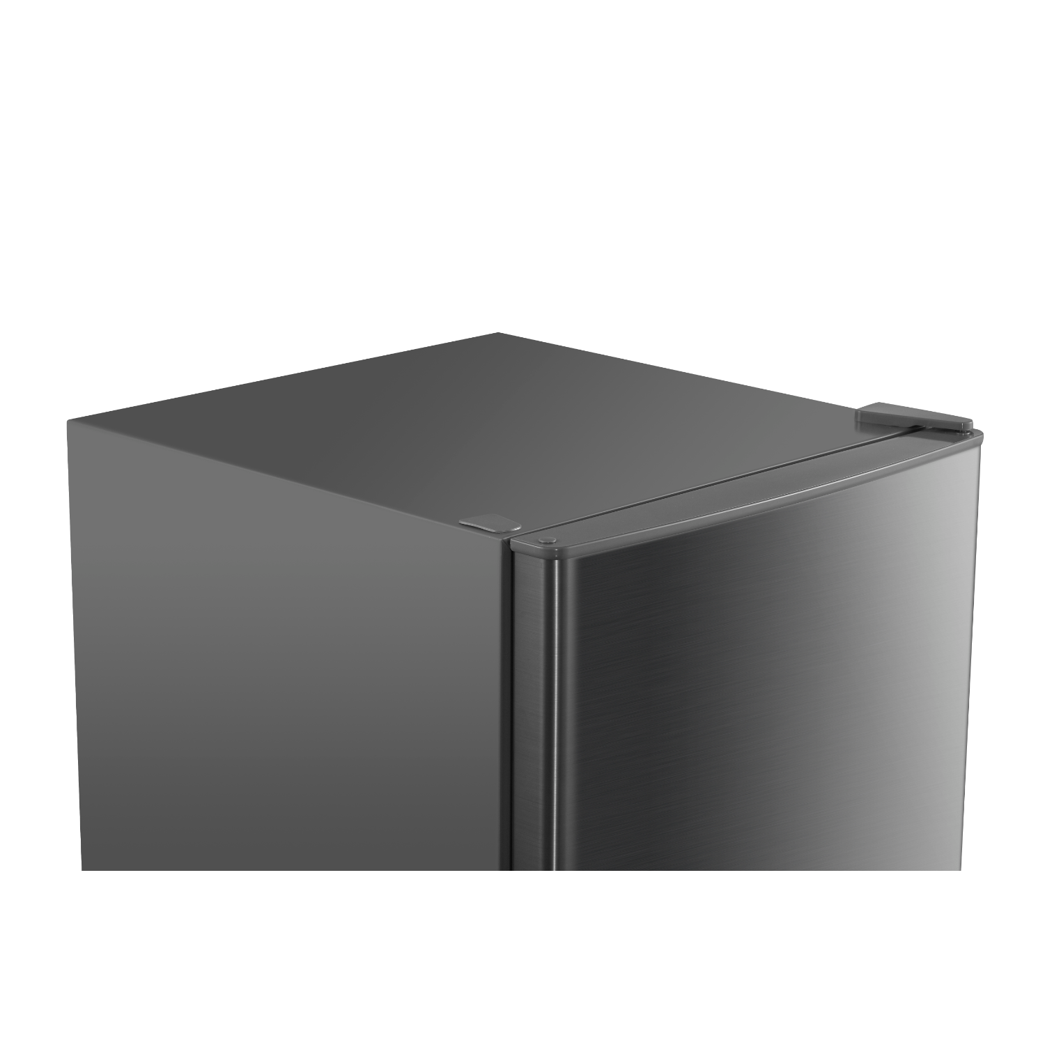 Dark gray refrigerator. The door is closed, and the handle is on the right side of the door.