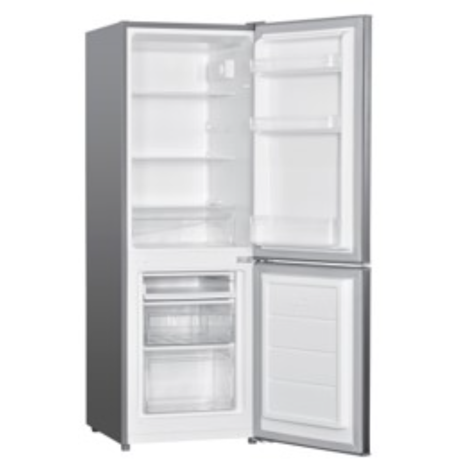 Open refrigerator with shelves and drawers, grey exterior, white interior.