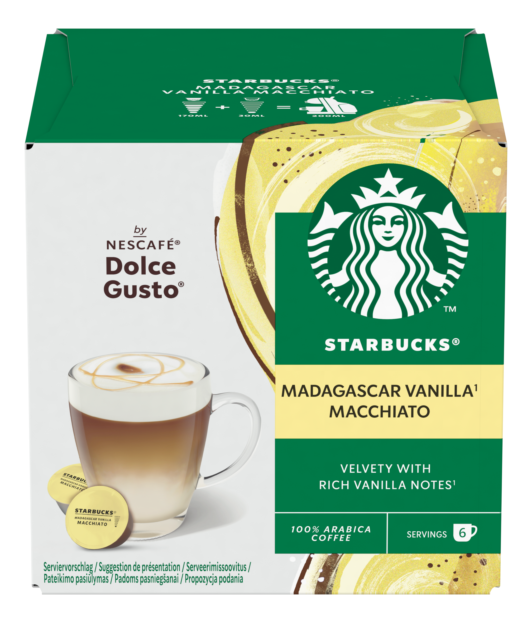 Scatola di caffè Starbucks Dolce Gusto. Capsule di caffè, tazza e istruzioni visibili.