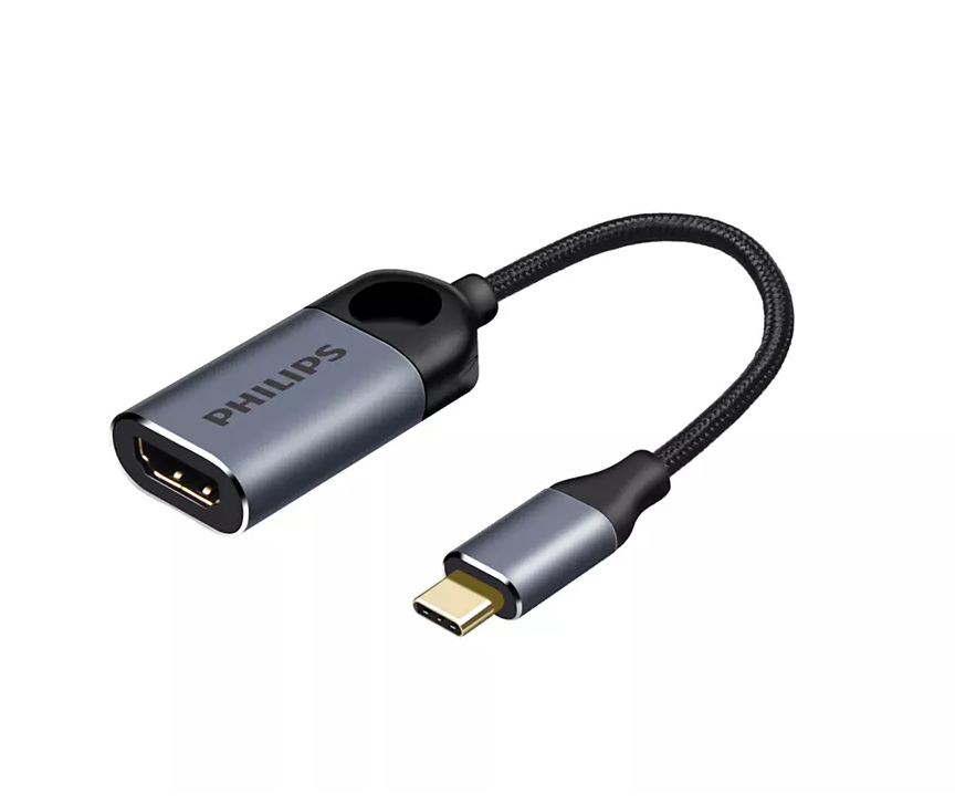 Philips USB-C - DisplayPort adaptör kablosu, gri ve siyah.