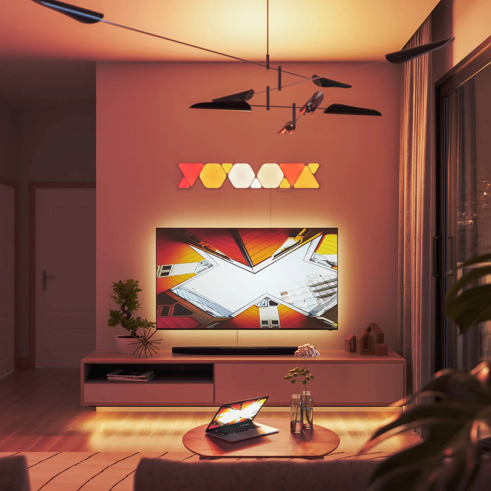 Ein modernes Wohnzimmer mit Fernseher, Licht und dekorativen Lichtern, die eine warme Atmosphäre schaffen.