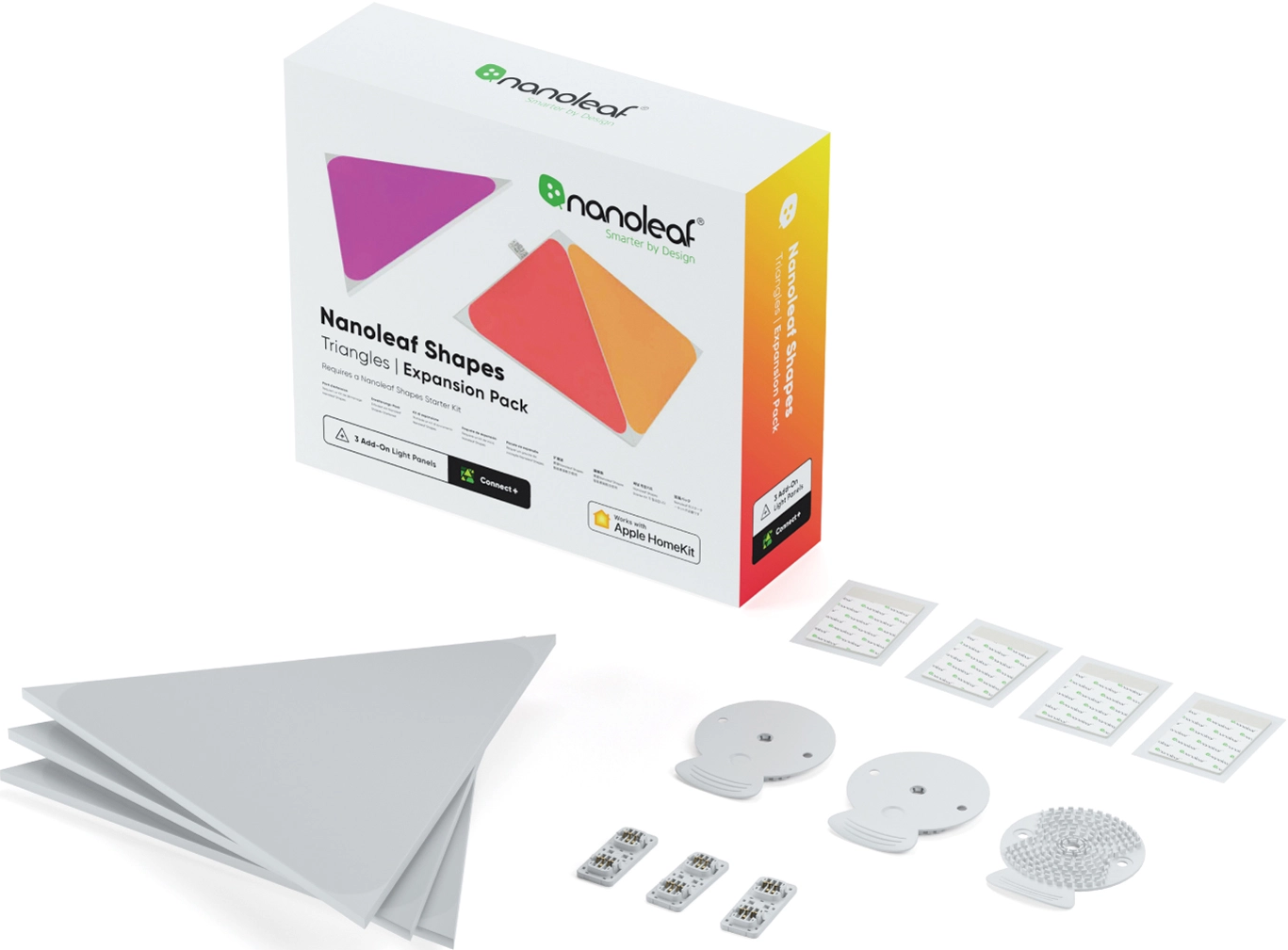 Eine weiße Box mit Nanoleaf Shapes Lichtpaneelen und zusätzlichen Komponenten.