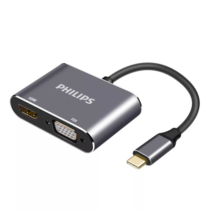 Gümüş Philips adaptör, HDMI, VGA ve USB-C portlu.