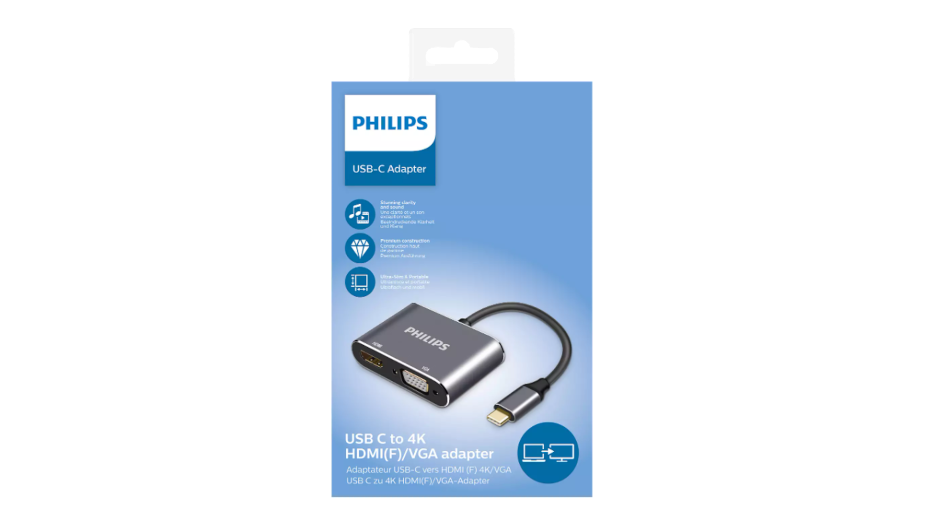 Philips USB-C - 4K HDMI/VGA adaptörü kutusunda. Siyah kablolu gri adaptör.