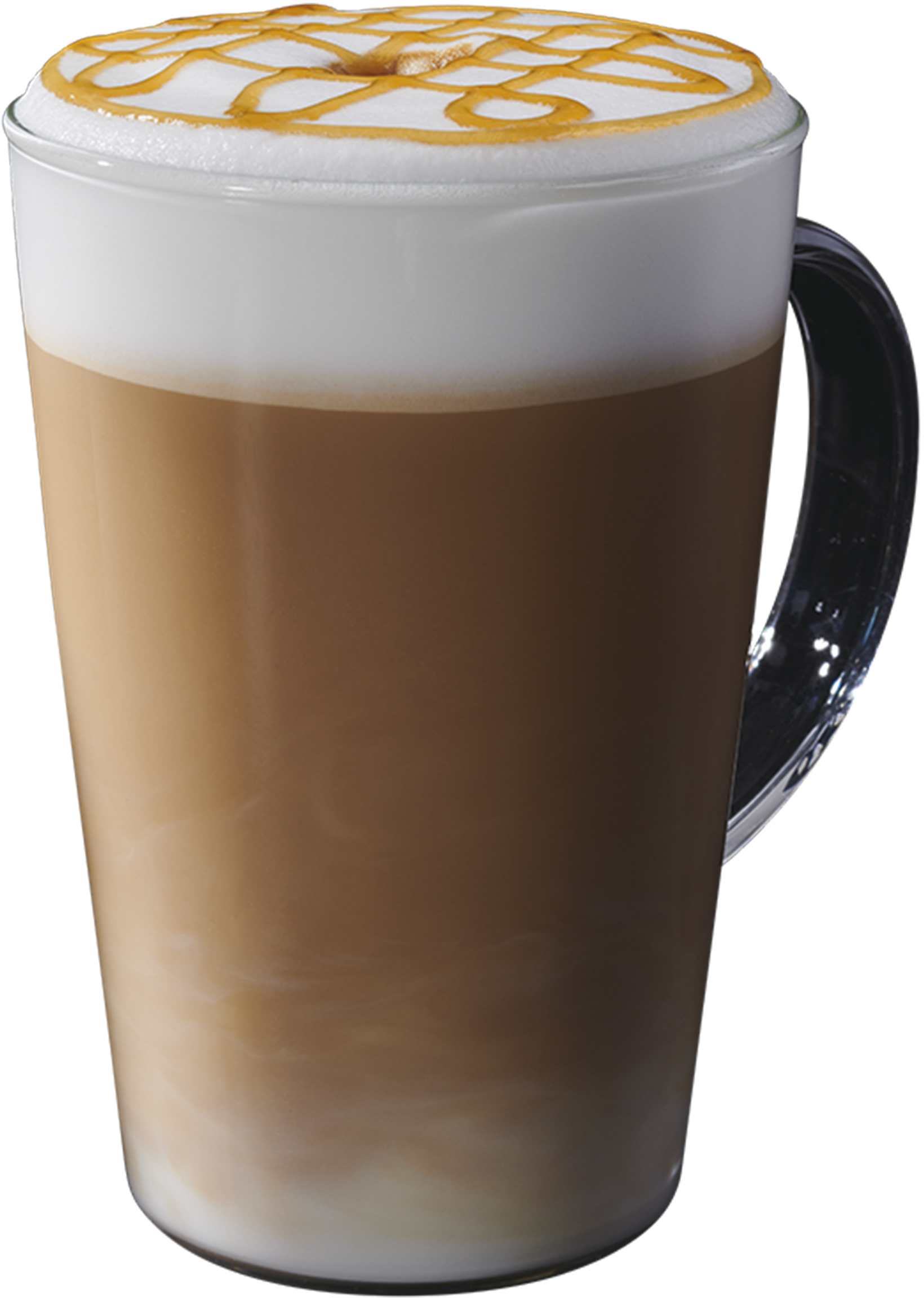 Bicchiere alto di macchiato al caramello con schiuma e caramello a filo.