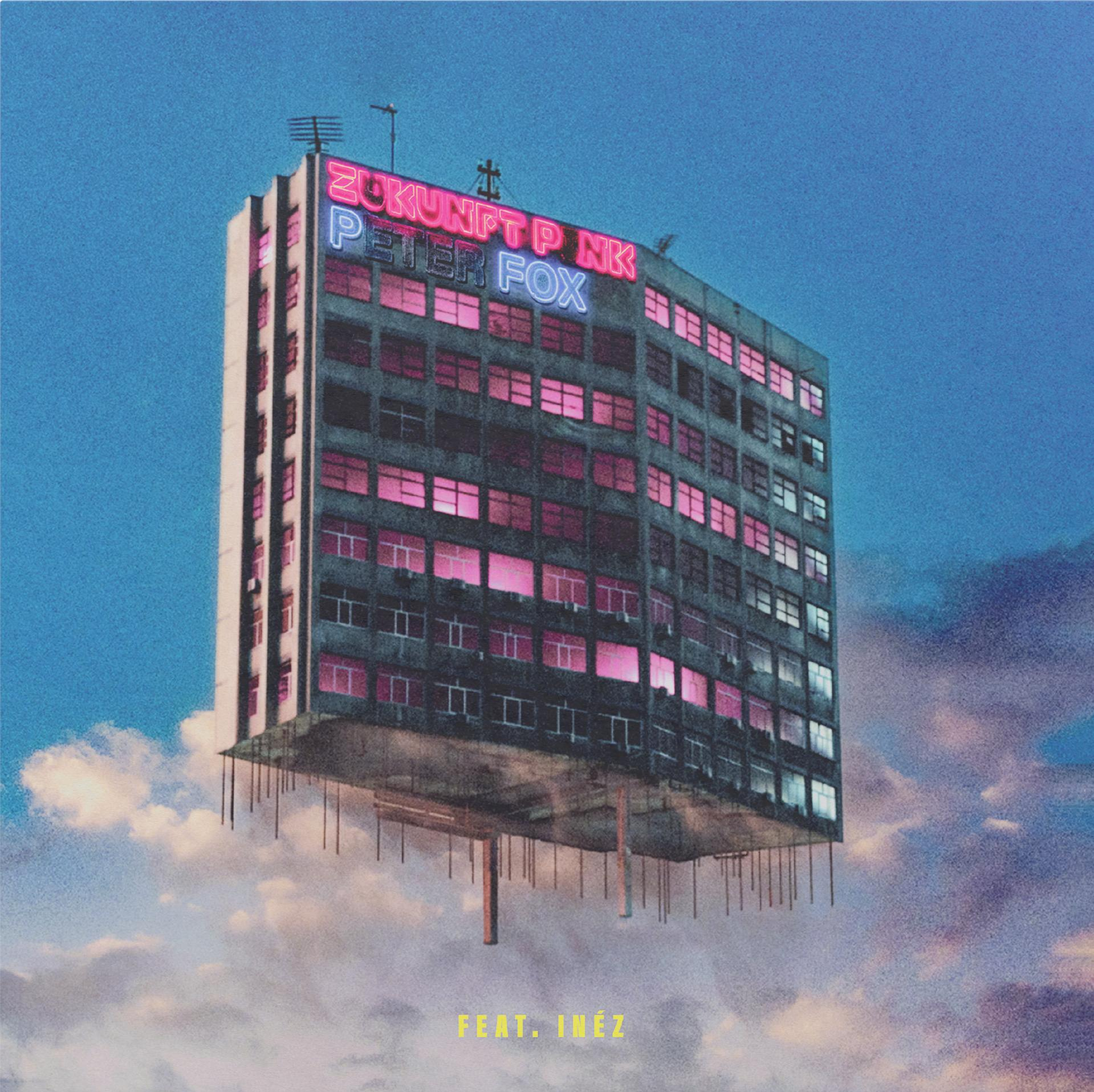 Ein Gebäude auf Wolken mit Neontext 