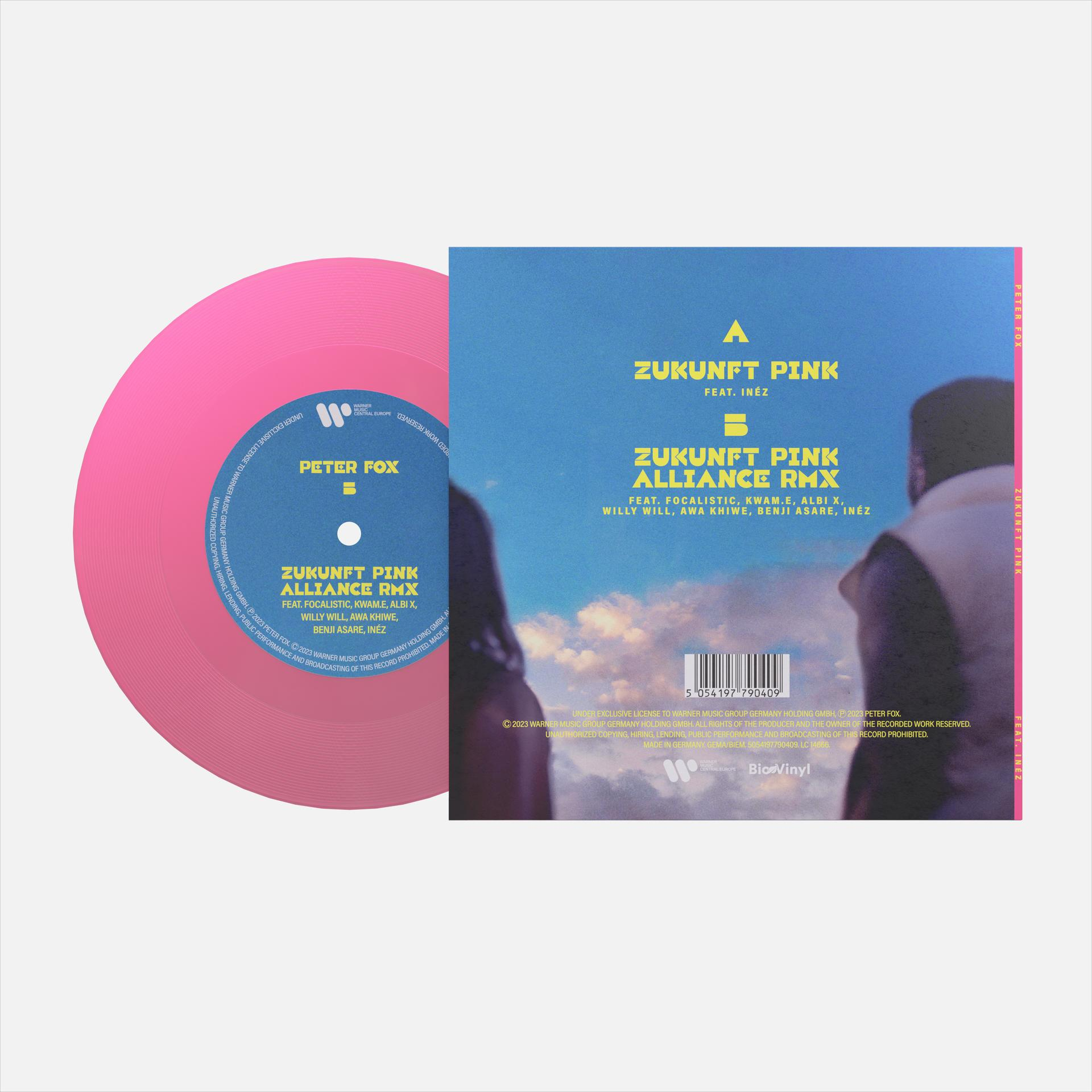 Pinkfarbene Vinyl-Schallplatte mit Peter Fox' Albumcover 'Zukunft Pink'.