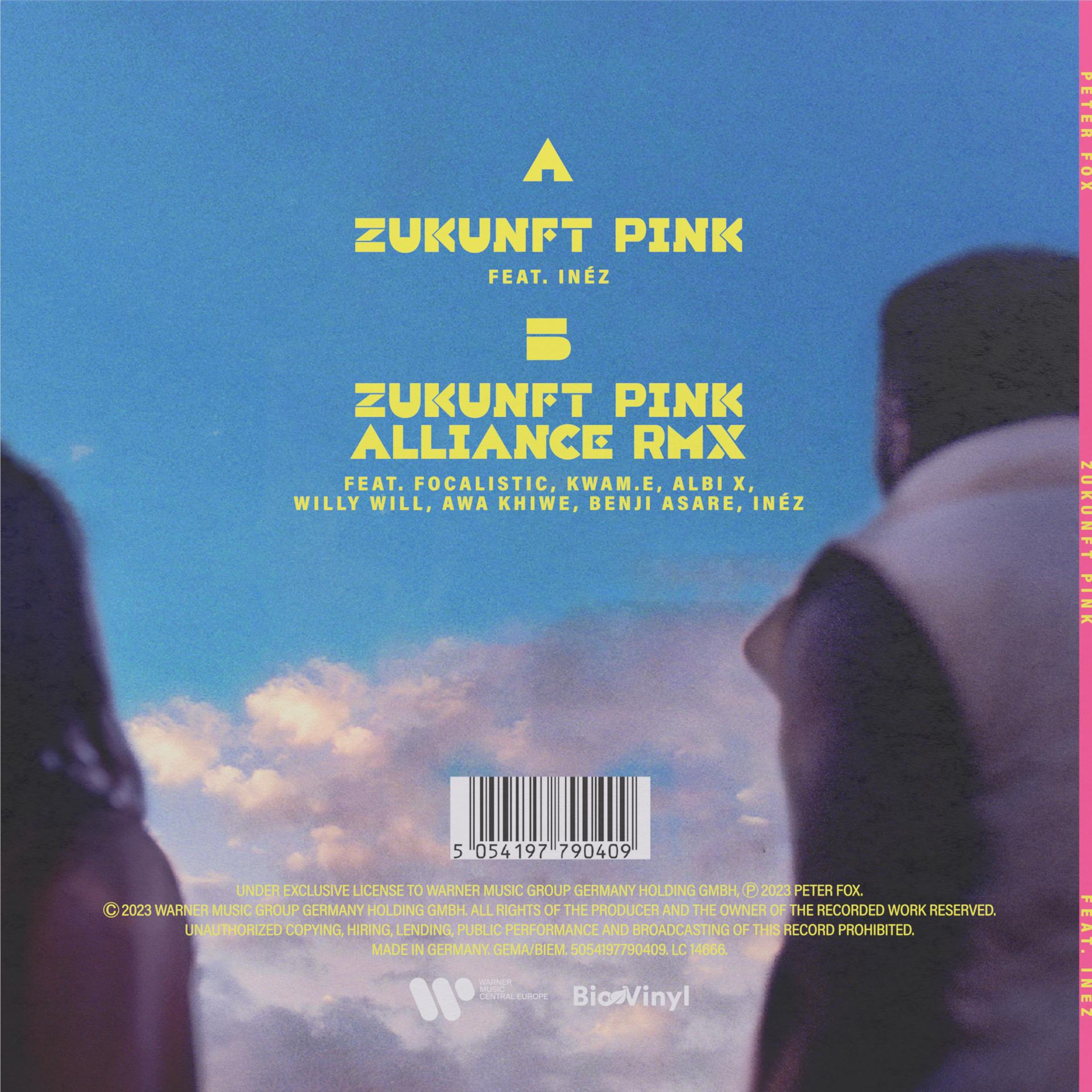 Albumcover mit pinkem, gelbem und weißem Text. Enthält zwei Silhouetten, einen Barcode und ein Logo.