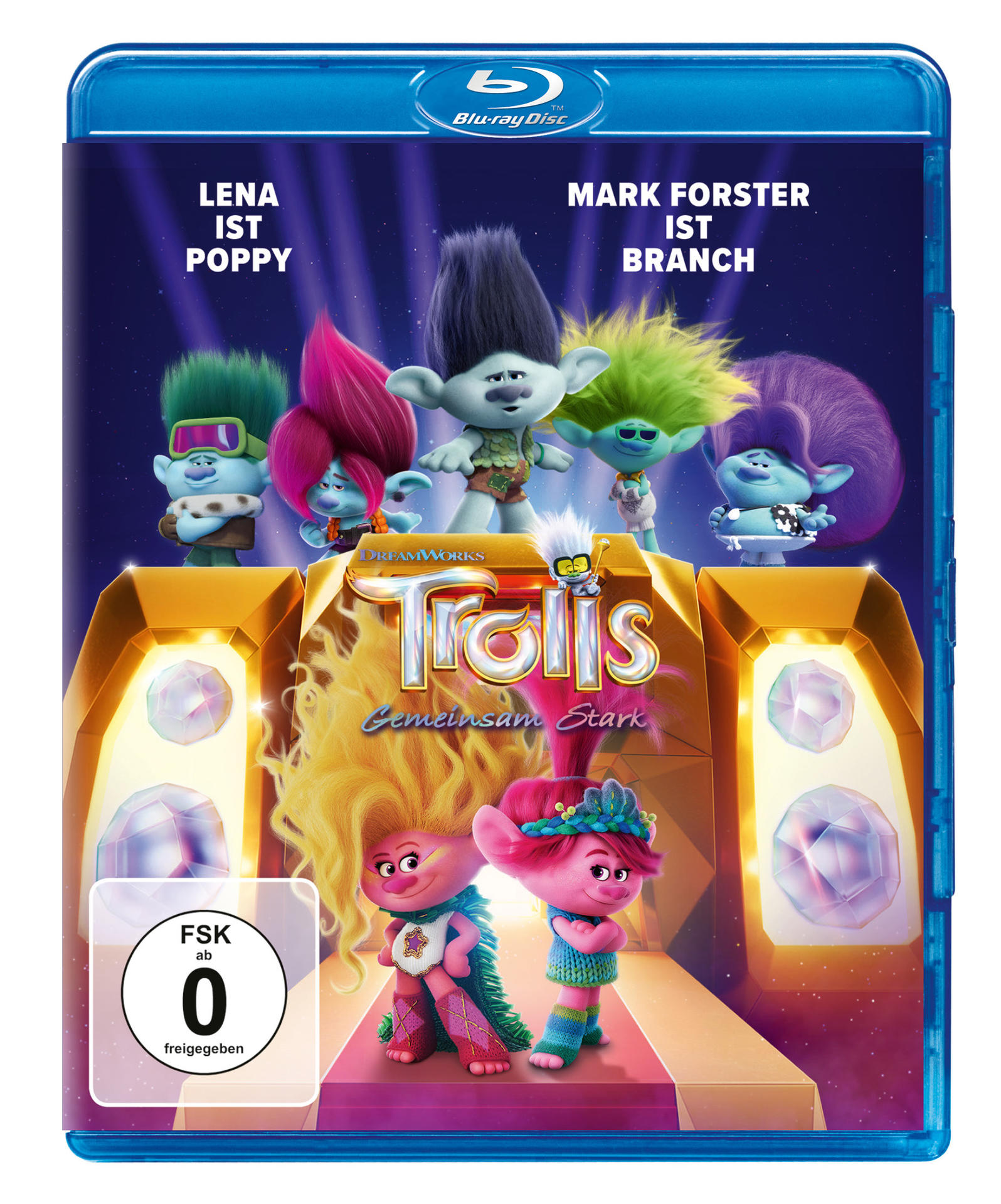 Trolls Film Blu-ray Cover. Trolle-Charaktere mit bunten Haaren vor einer Bühne.