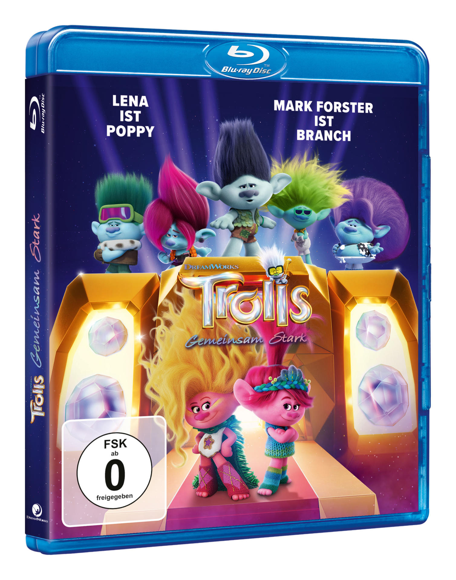 Blu-ray Disc Hülle mit animierten Charakteren aus dem Film 'Trolls'.
