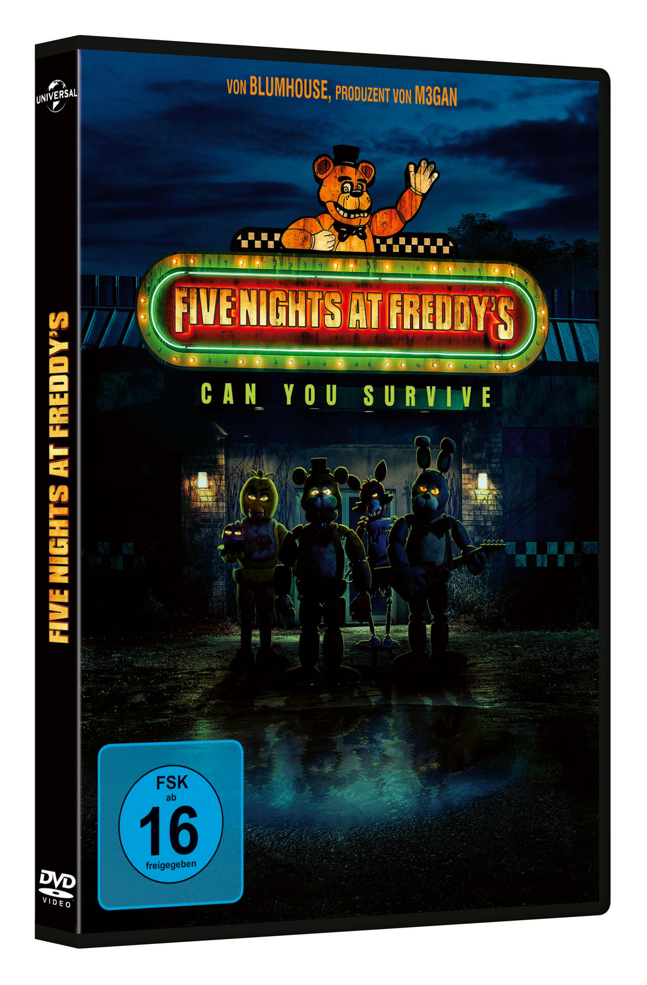 Eine DVD-Hülle für den Film 'Five Nights at Freddy's'. Enthält Charaktere, Titel und Bewertung.