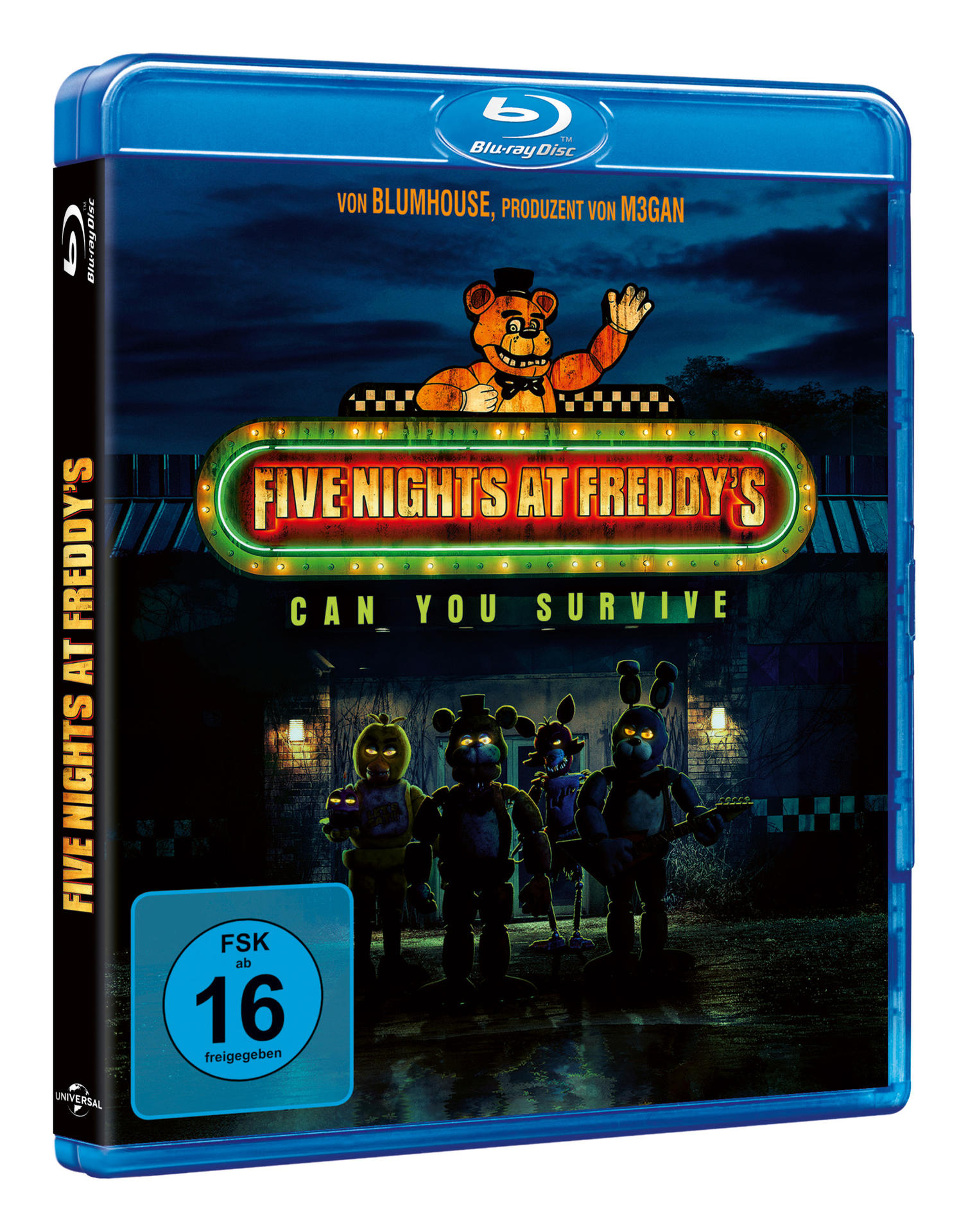 Blu-ray-Disc-Hülle für 'Five Nights at Freddy's'. Enthält animierte Charaktere und ein Neon-Schild vor dunklem Hintergrund.