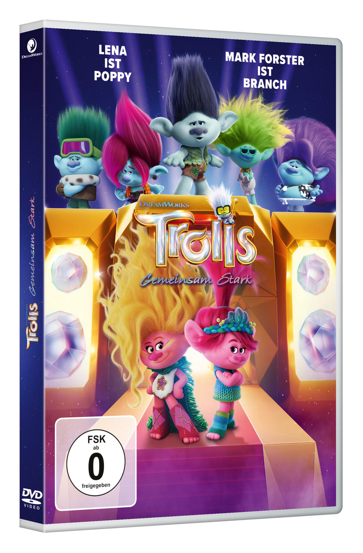 DVD-Cover für den Film "Trolls Gemeinsam Stark" mit Charakteren auf der Bühne.