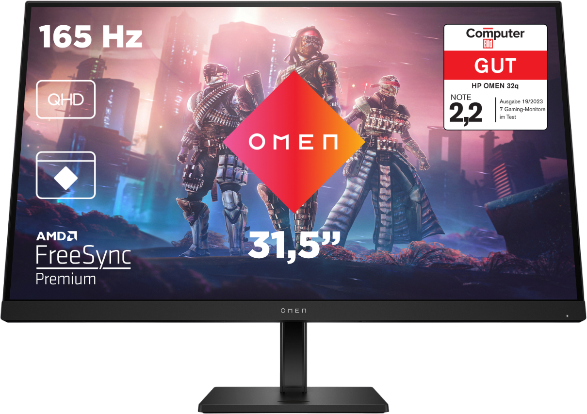 Ein Gaming-Monitor mit Spielbild. Der Monitor hat einen schwarzen Ständer und befindet sich auf weißem Hintergrund.