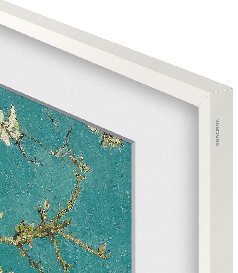 Zbliżenie oprawionego dzieła sztuki. Obraz przedstawia gałęzie z białymi kwiatami na tle niebiesko-zielonym. Widoczna jest biała rama.