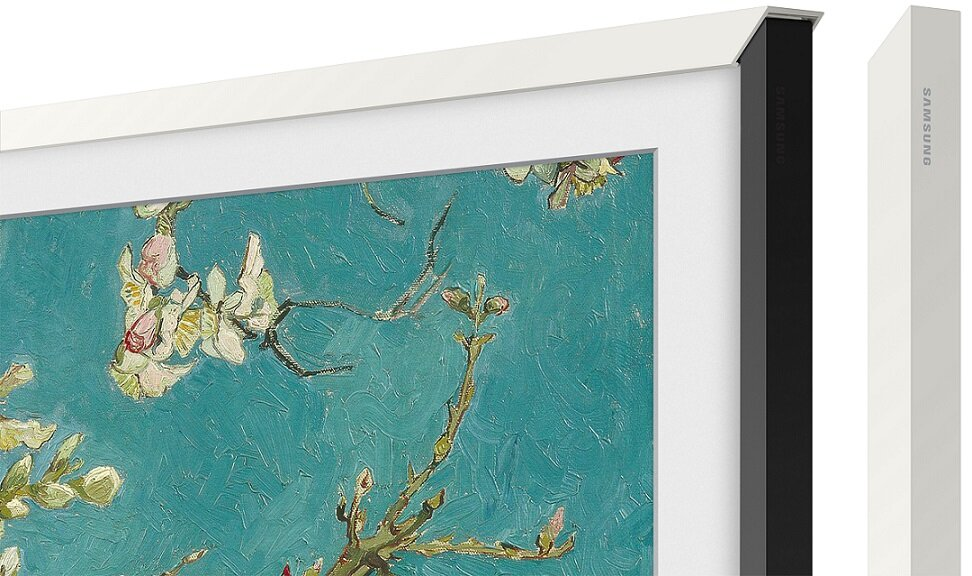 Oprawione dzieło sztuki z kwiatami migdałowca na turkusowym tle. Rama ma białe i czarne elementy. Widoczne jest logo Samsung.