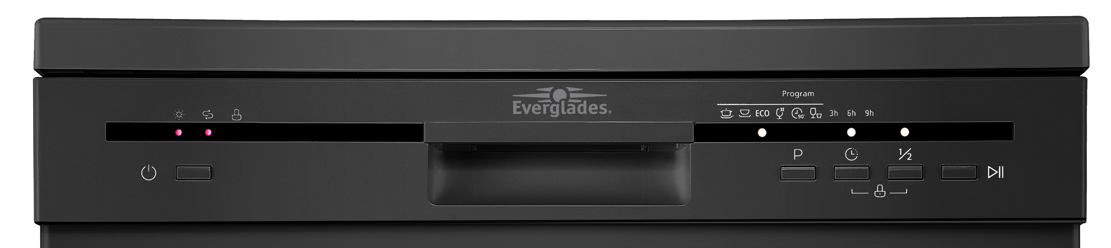 Black dishwasher control panel with buttons and lights. Program options are visible.
