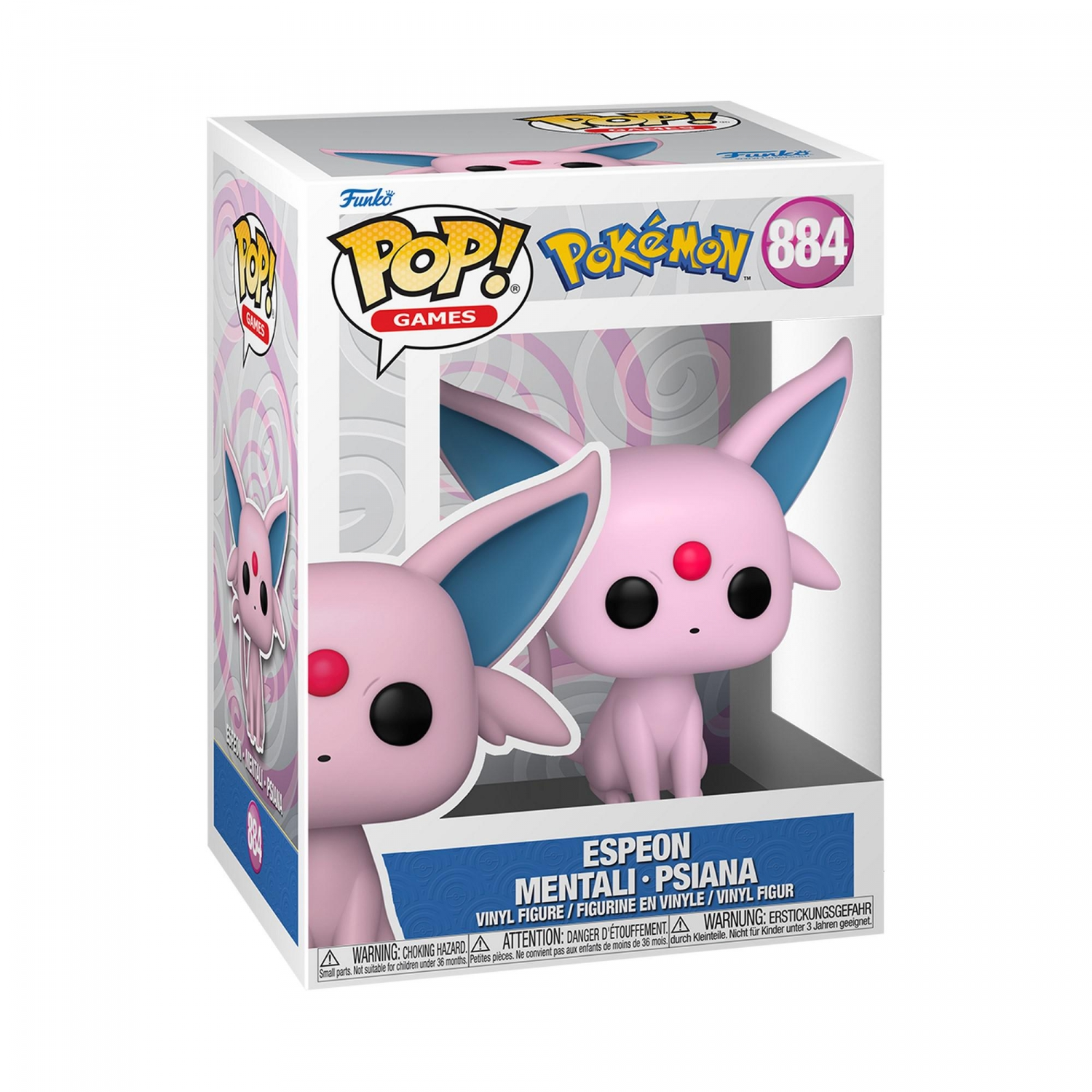 Figura Espeon Funko Pop en caja. Figura Espeon rosa con orejas azules y gema roja.