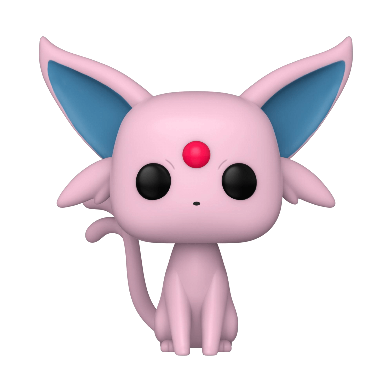 Figura Funko Pop de Espeon rosa con orejas azules y gema roja en la frente.