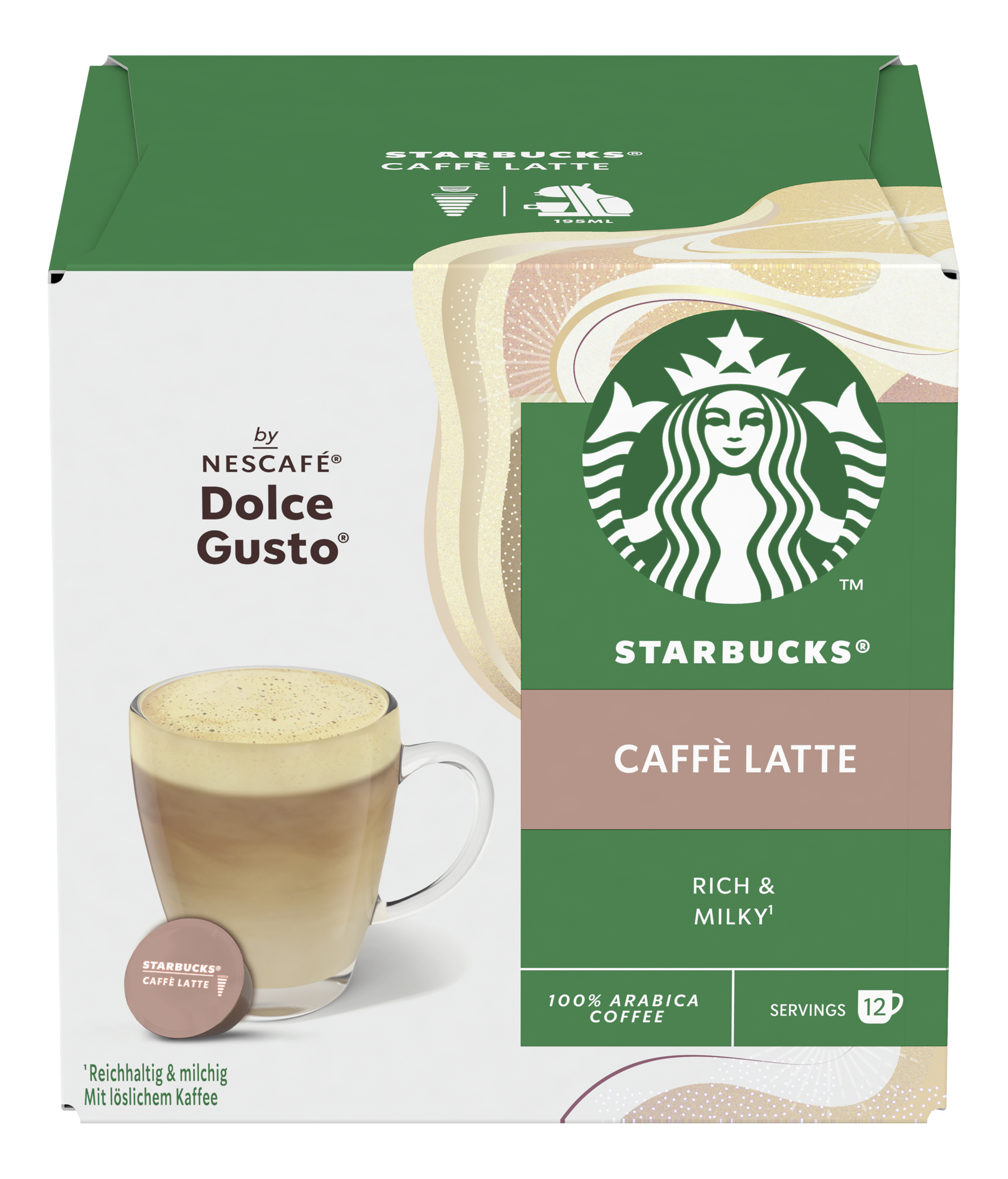 Scatola di capsule Starbucks Caffe Latte Dolce Gusto. Contiene una tazza di caffè e il logo Starbucks.