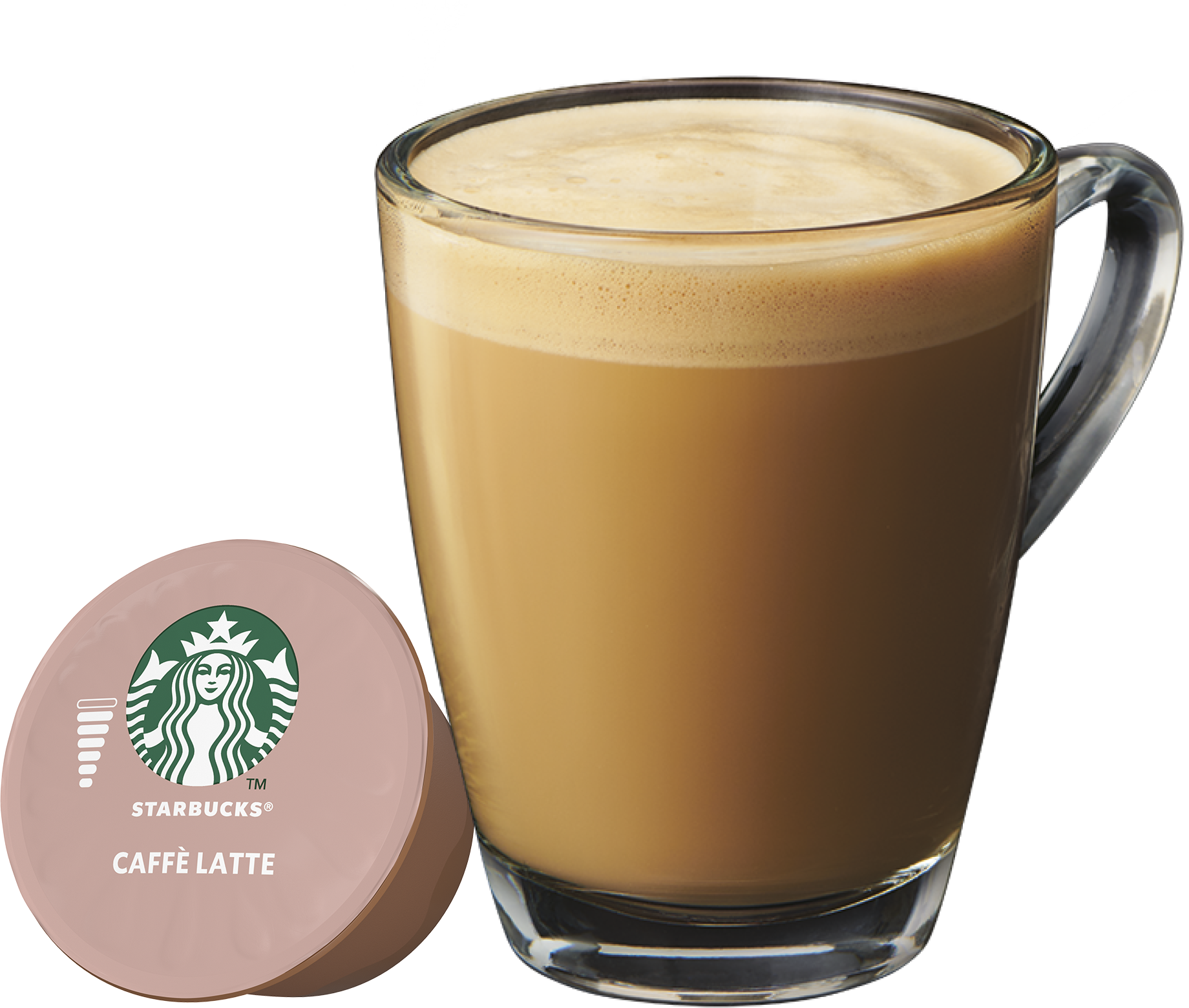 Starbucks Caffe Latte in una tazza di vetro con una capsula di caffè accanto. Schiuma sopra.