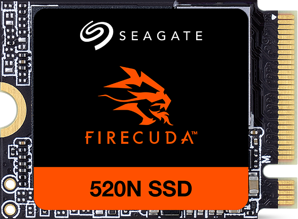 Eine schwarz-orangefarbene Seagate FireCuda 520N SSD-Karte. Das Markenlogo und die Modellinformationen sind sichtbar.