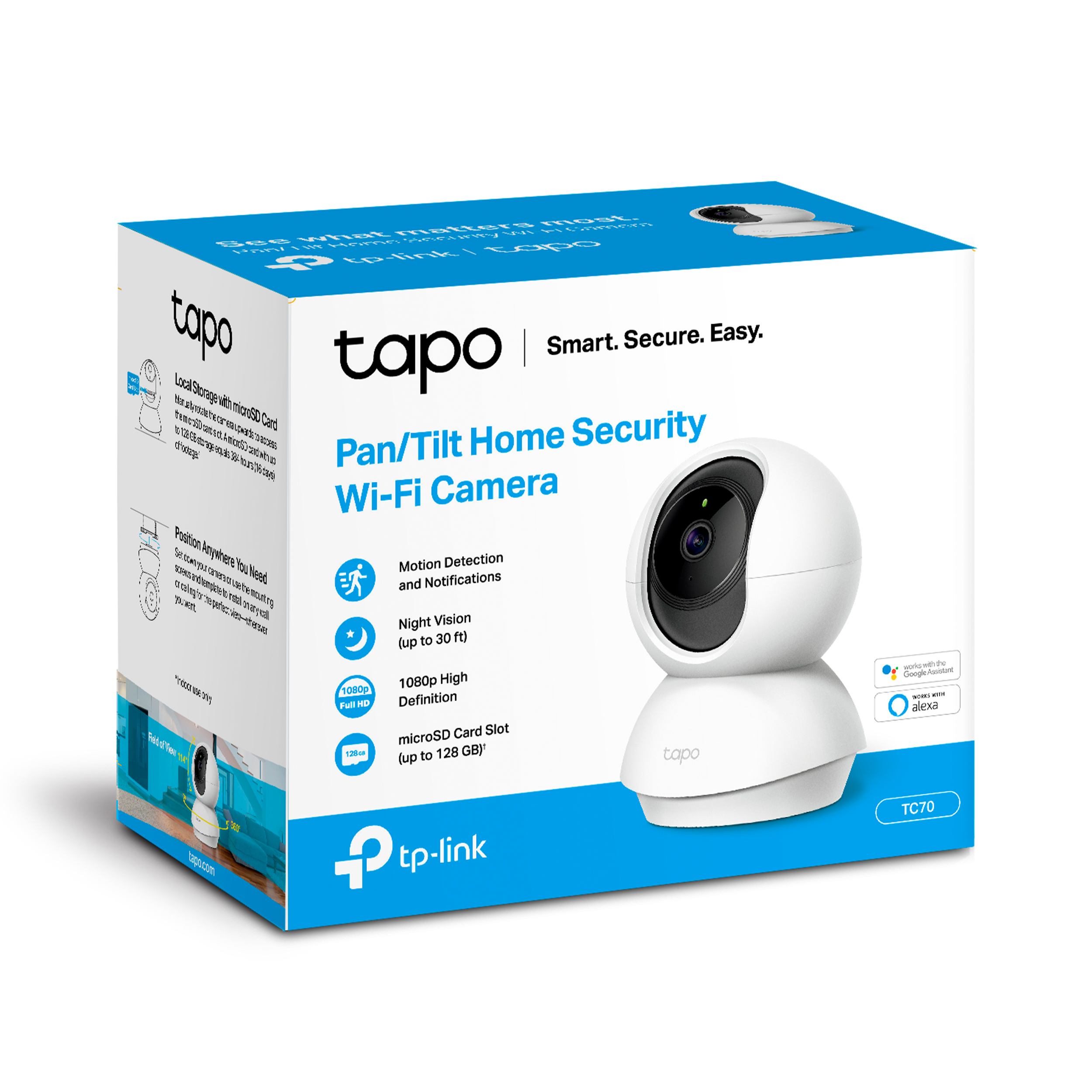Una caja blanca y azul de una cámara Wi-Fi Tapo. Las funciones incluyen detección de movimiento y visión nocturna. El fondo es blanco.
