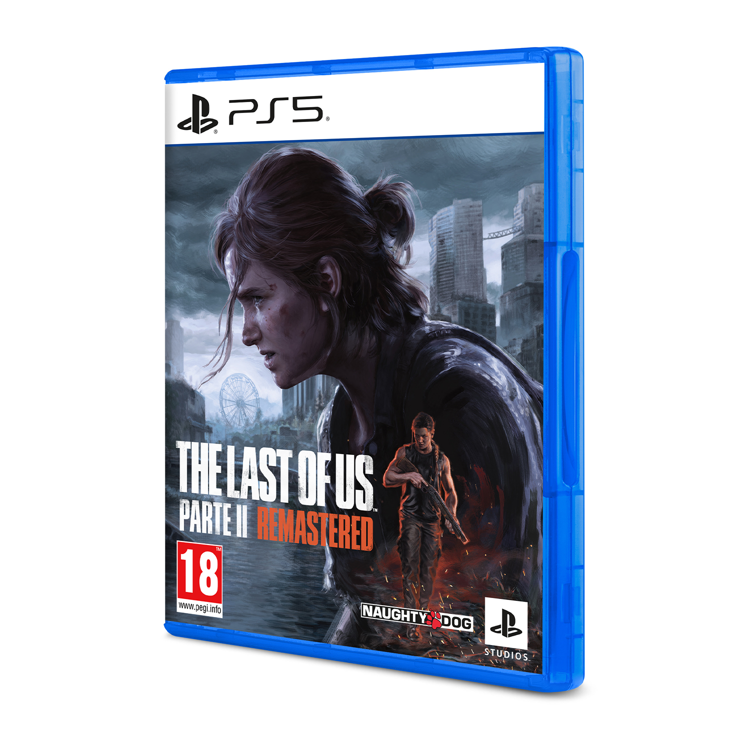 Custodia del gioco PS5, The Last of Us Part II Remastered. Presenta due personaggi. Sfondo bianco.