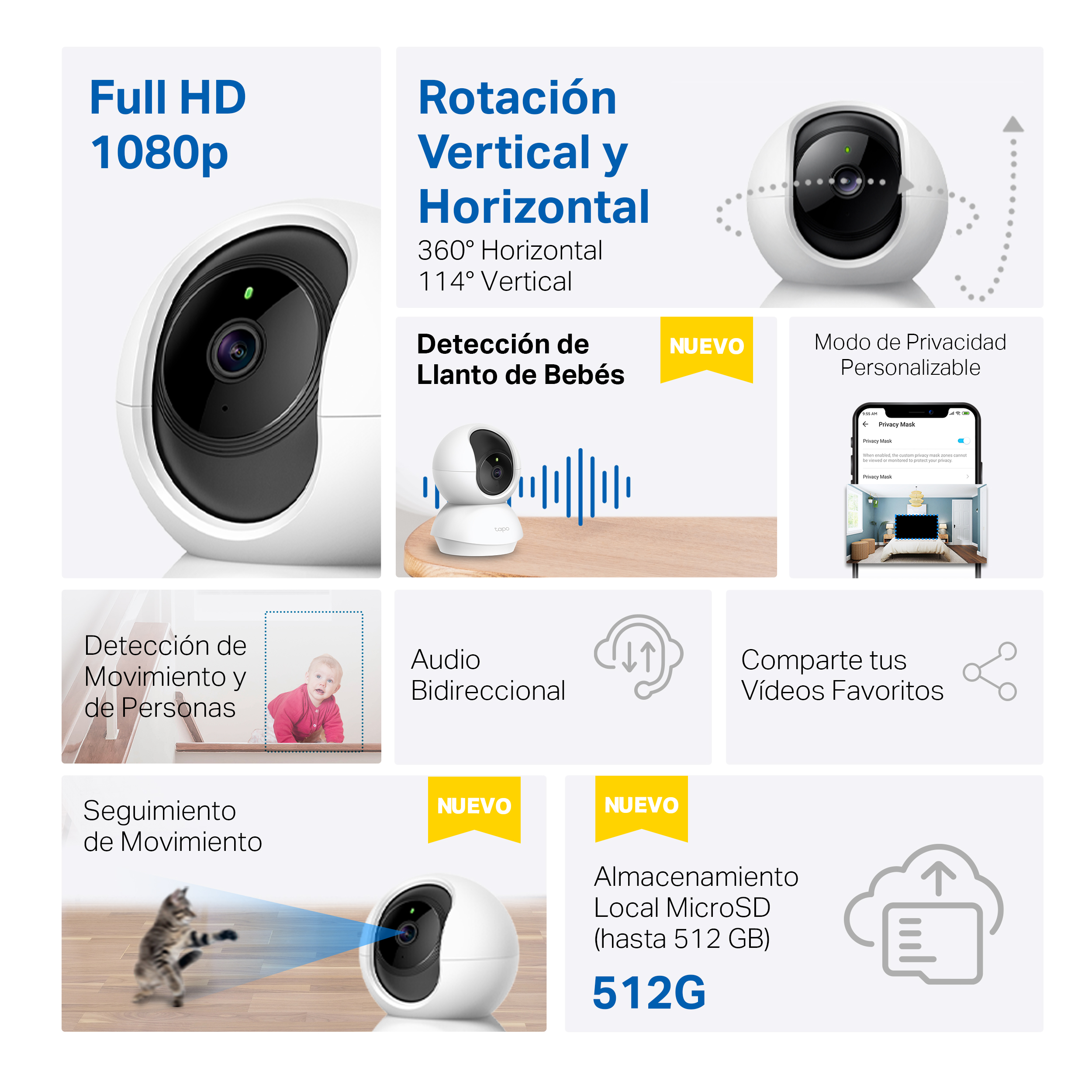 Cámara de seguridad con funciones como detección de llanto del bebé, seguimiento de movimiento y almacenamiento local.