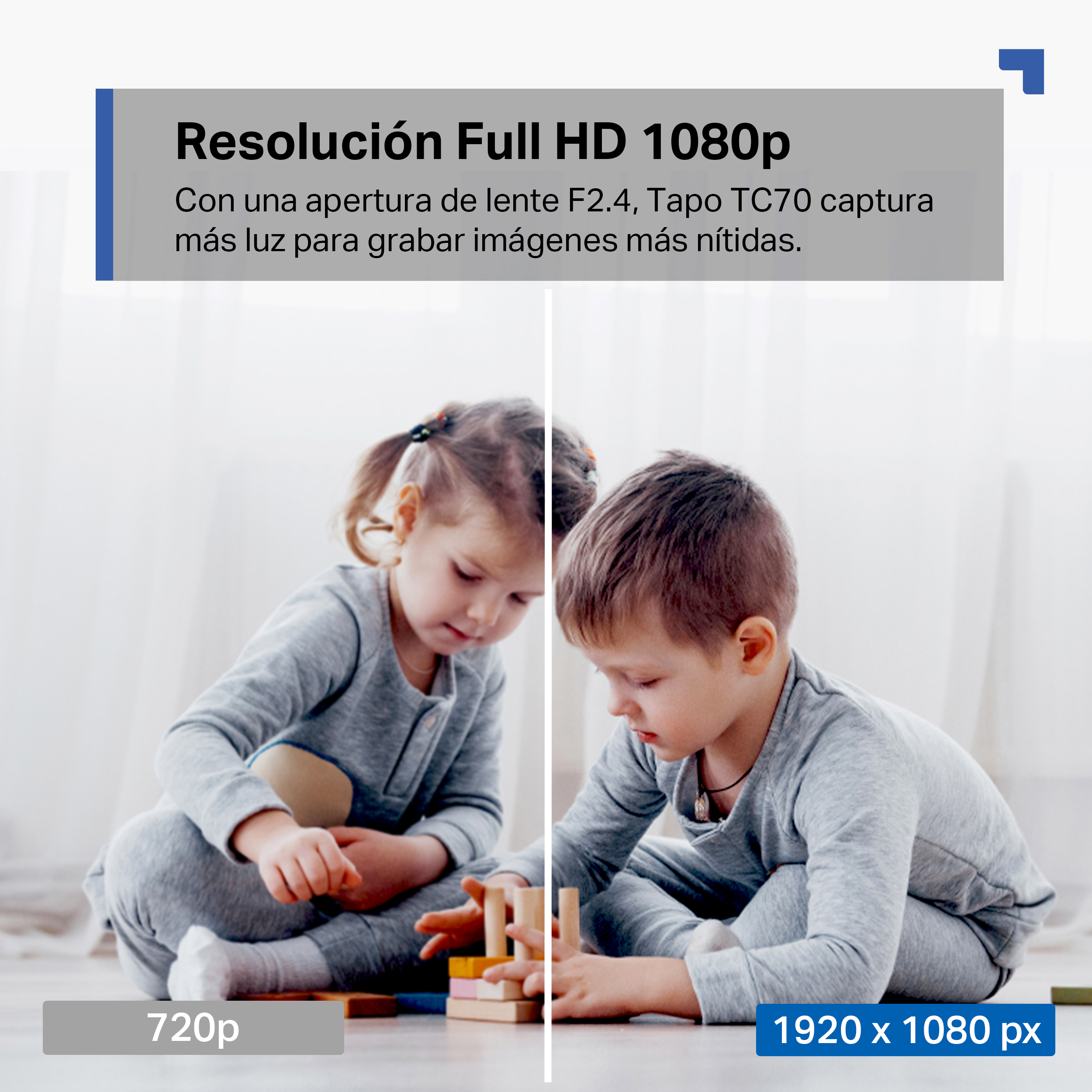 Dos niños jugando con bloques de madera. La imagen está dividida con 720p a la izquierda y 1080p a la derecha.