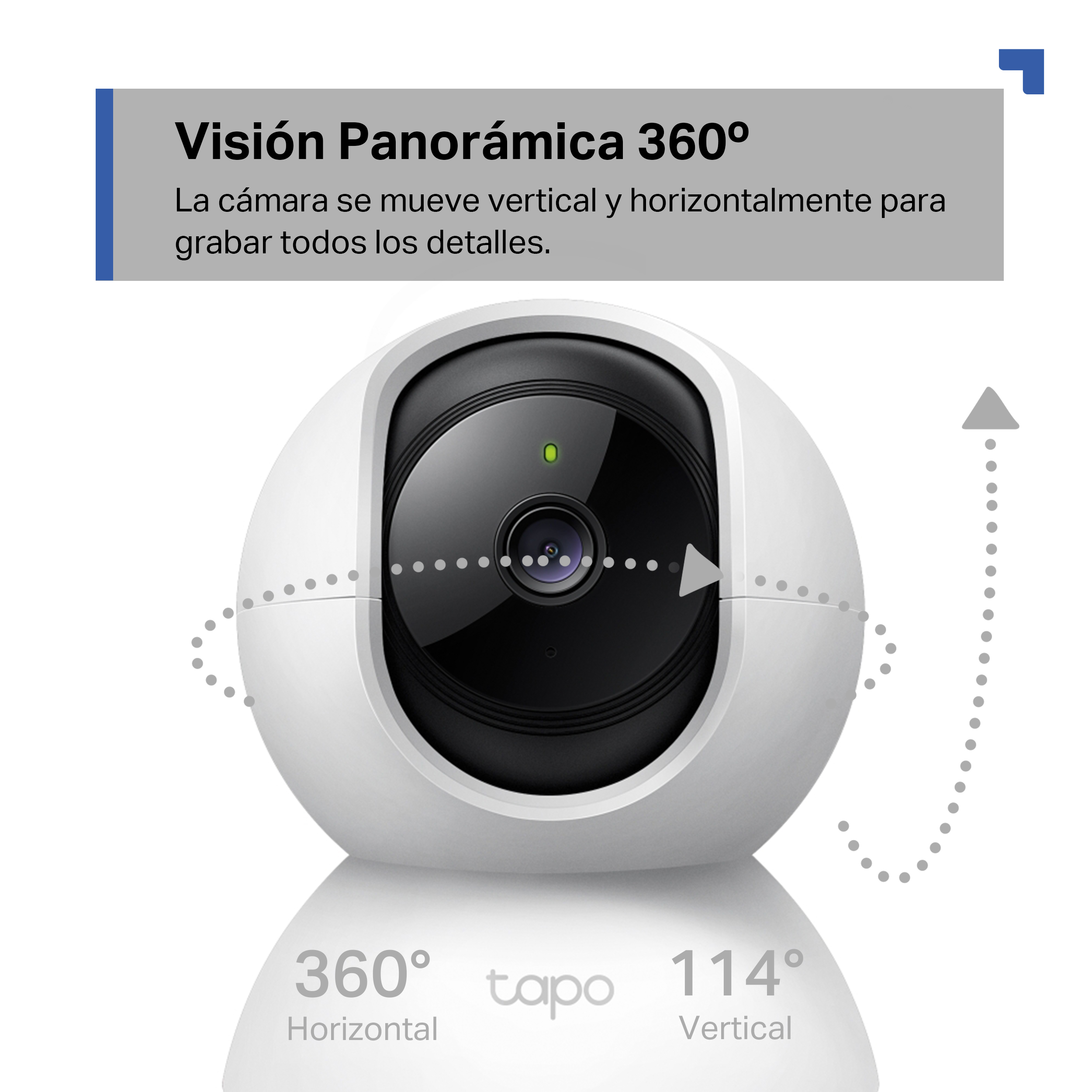 Cámara de seguridad blanca, texto describe vista 360 grados y 114 grados.