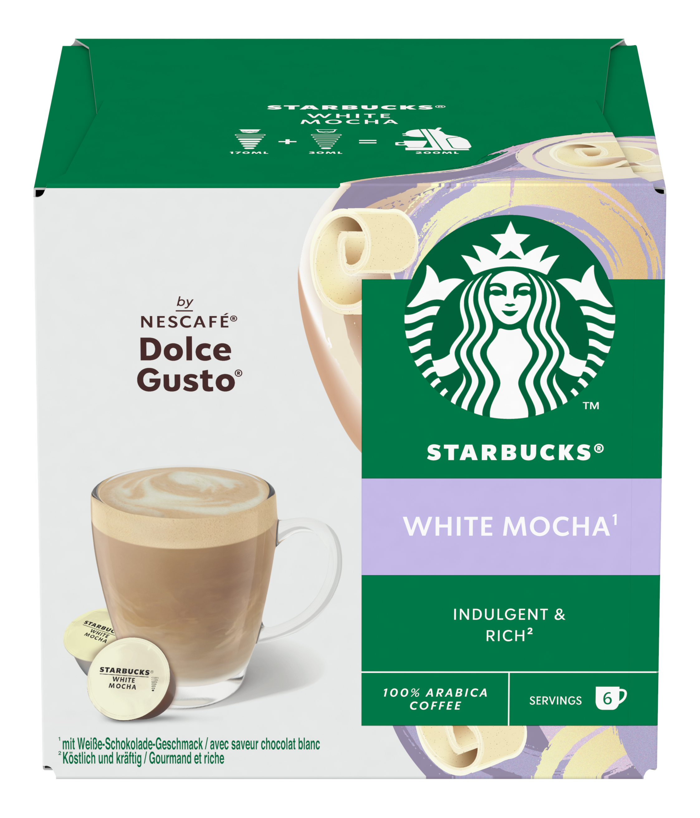 Eine Starbucks White Mocha Kapselbox mit einer Tasse Kaffee und Details.