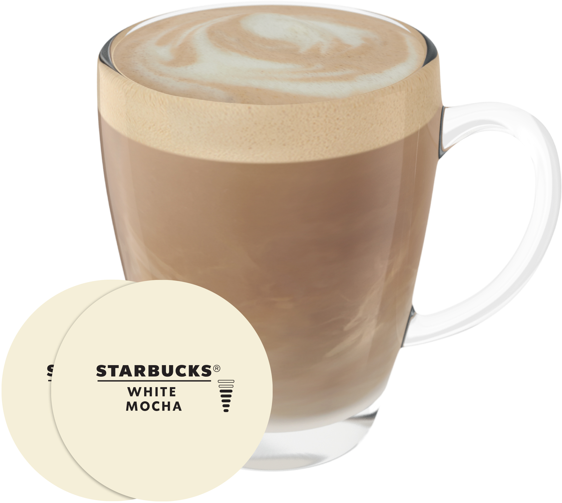 Ein durchsichtiger Glasbecher mit White Mocha und zwei Untersetzern mit dem Starbucks-Logo.
