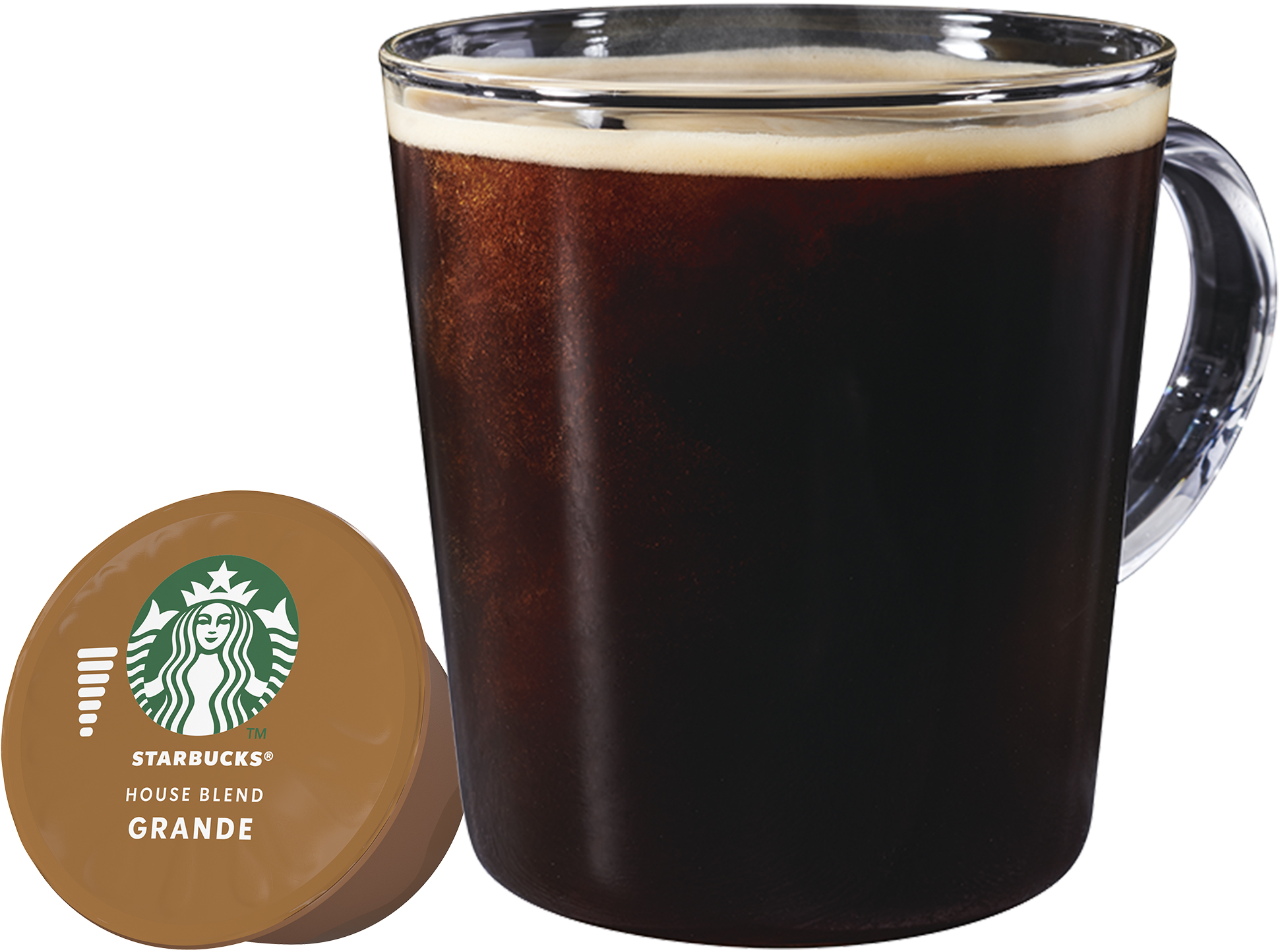Una tazza di caffè Starbucks con due capsule di caffè accanto su sfondo bianco.