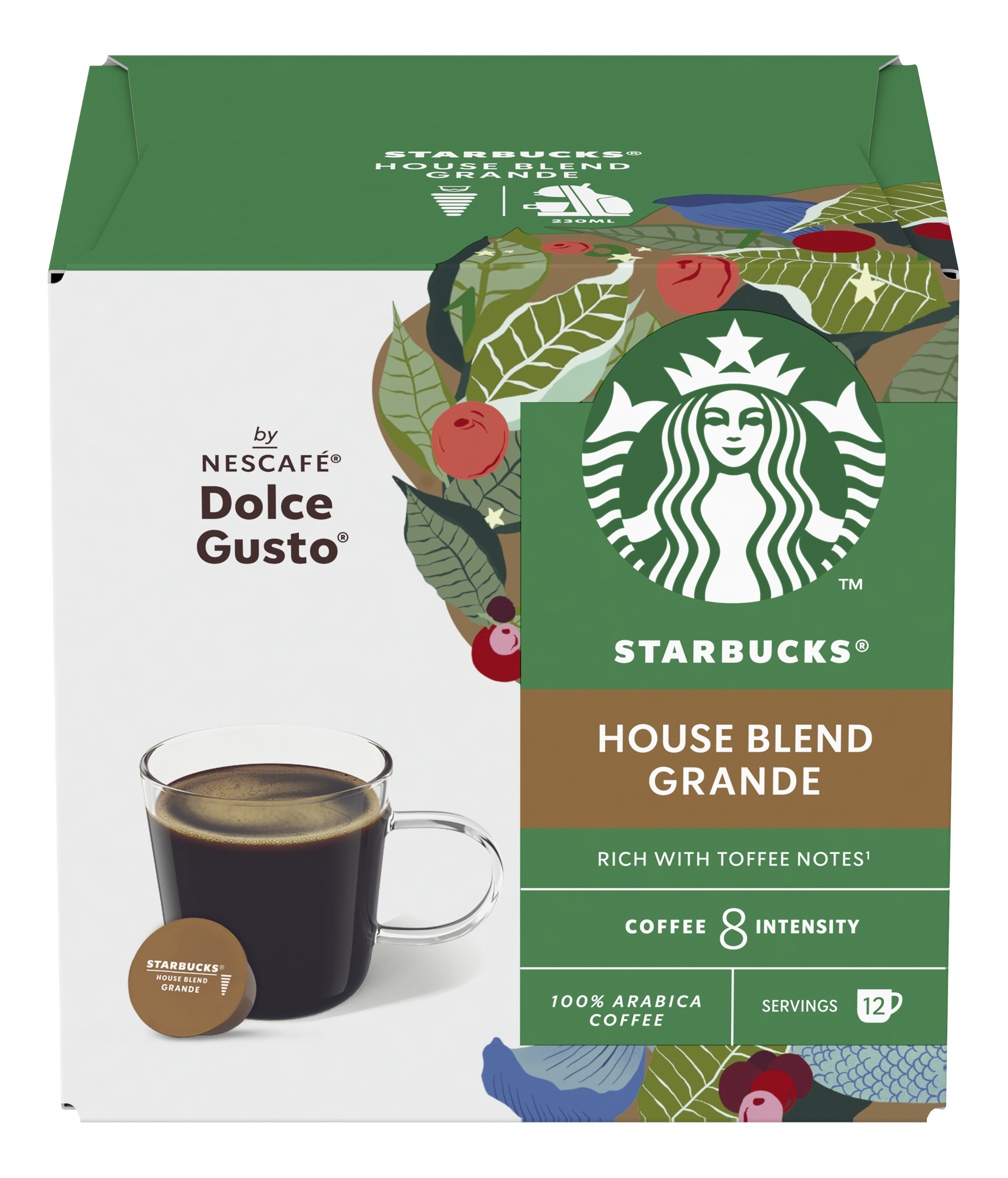 Scatola di cialde di caffè Starbucks. Scatola verde con logo Starbucks, immagine di tazza e cialda.