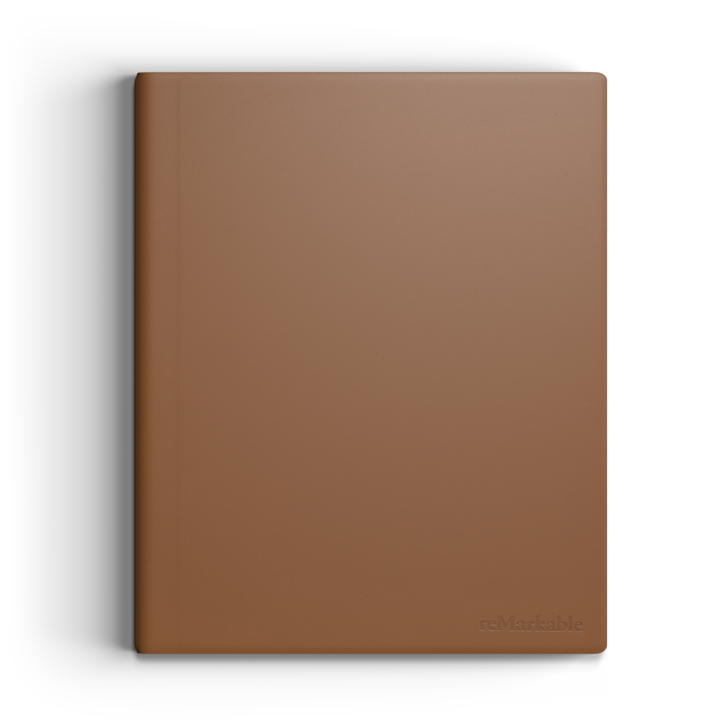 Een bruine leren Remarkable tablethoes, plat liggend op een wit oppervlak.
