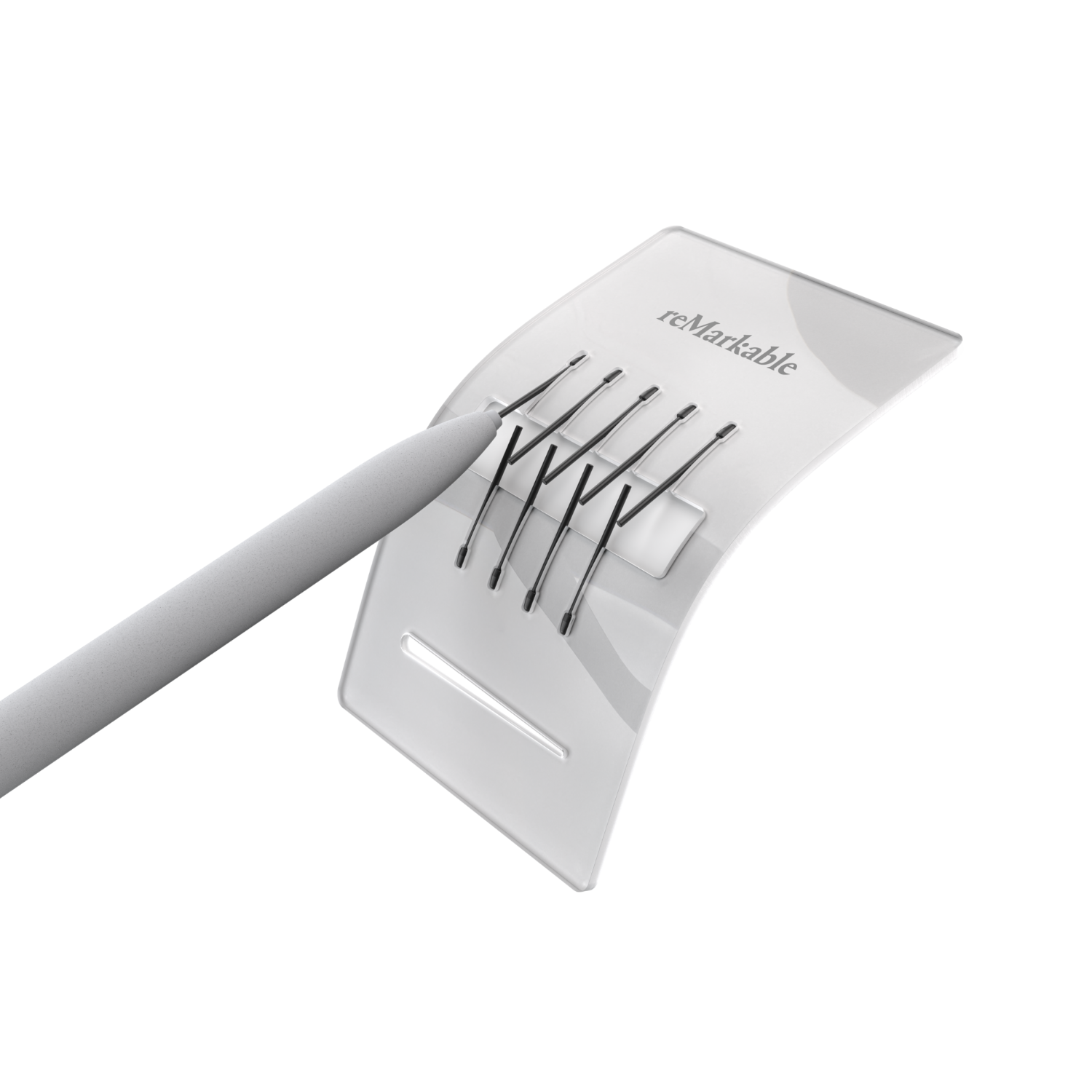 A white curved device with a gray stylus. The device has black lines and the text "reMarkable".