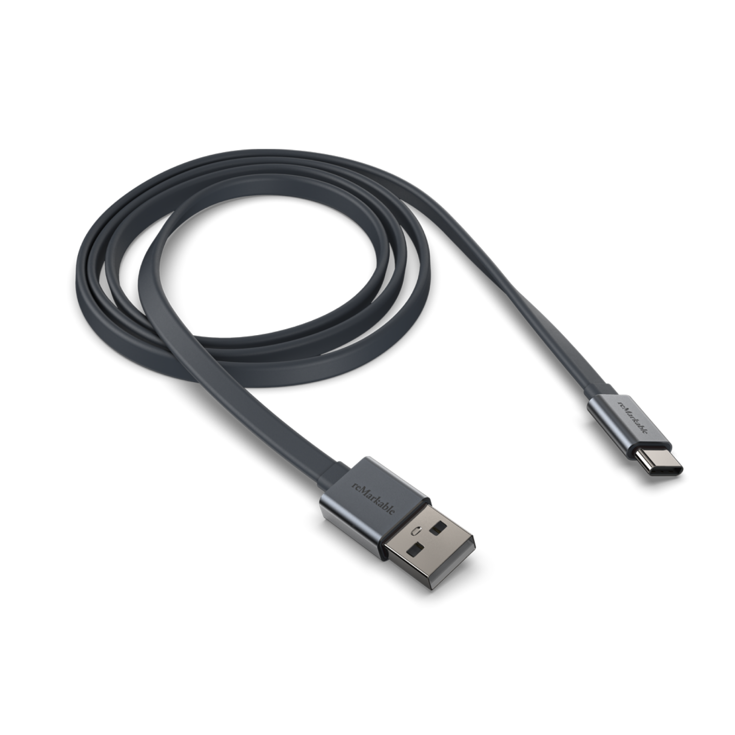Gray USB-C cable with USB-A connector, coiled. 'remarkable' branding on connectors.