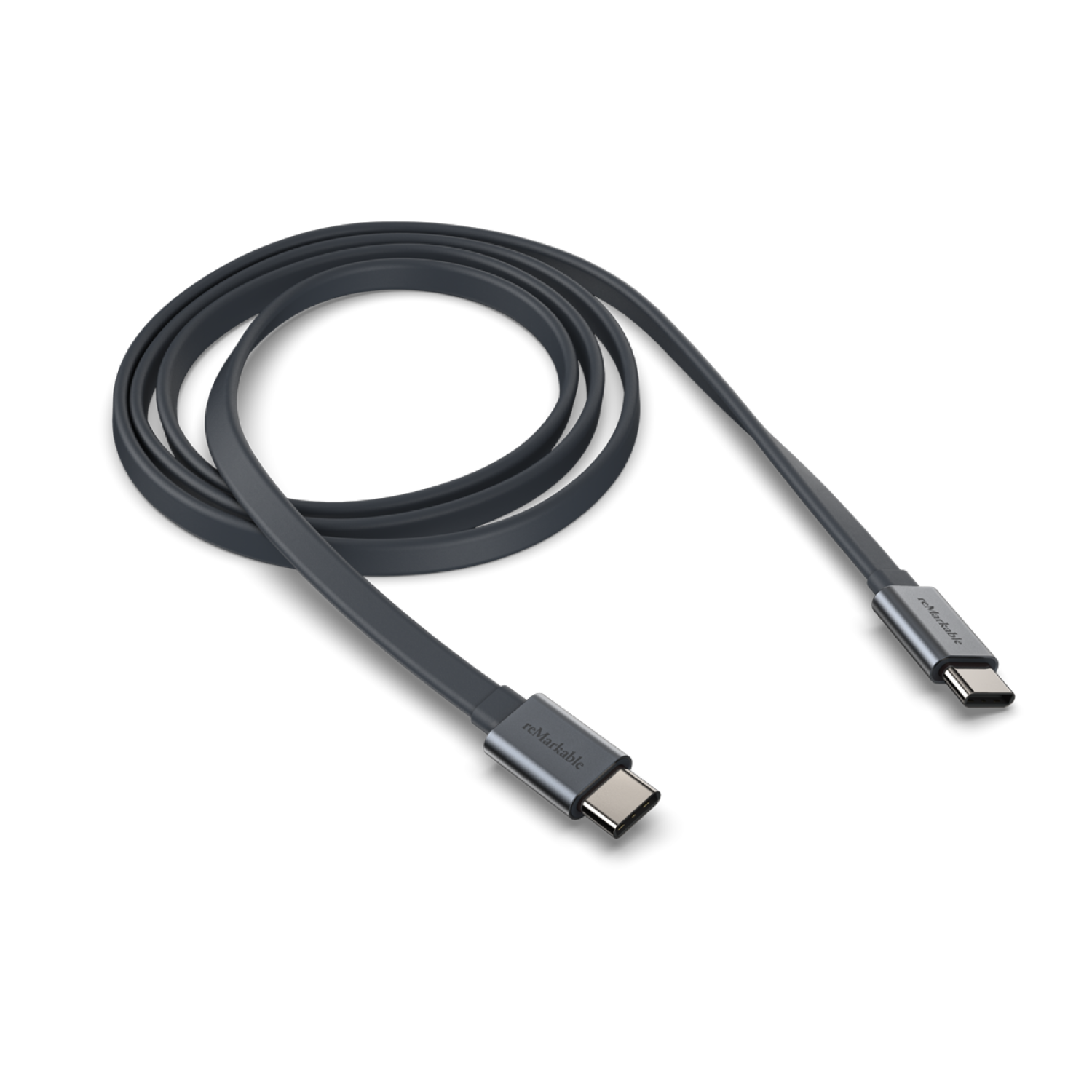 Donkergrijze USB-C-kabel met connectoren aan beide uiteinden, tegen een witte achtergrond, opgerold.