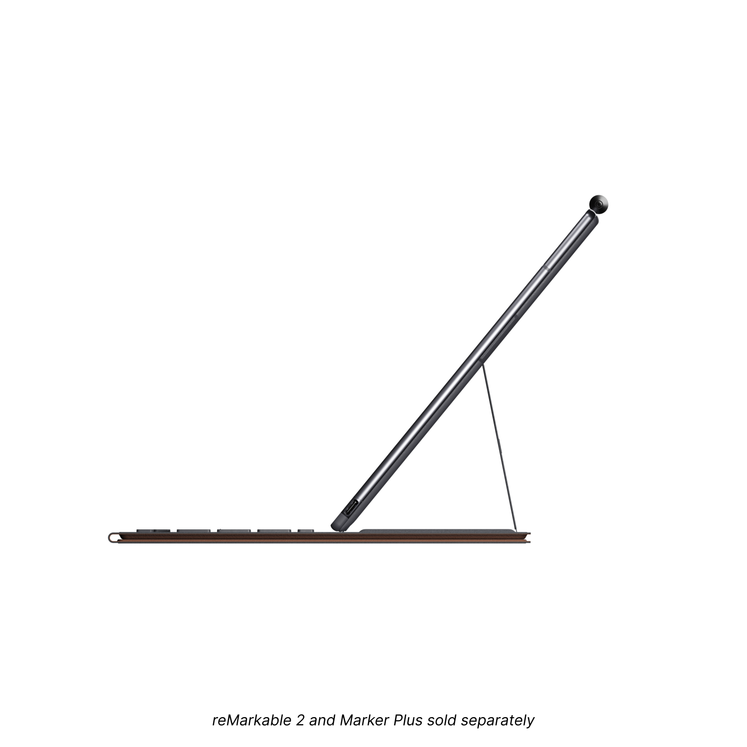 Een tablet met een stylus en een toetsenbord. Het scherm is naar boven gericht, met een witte achtergrond.